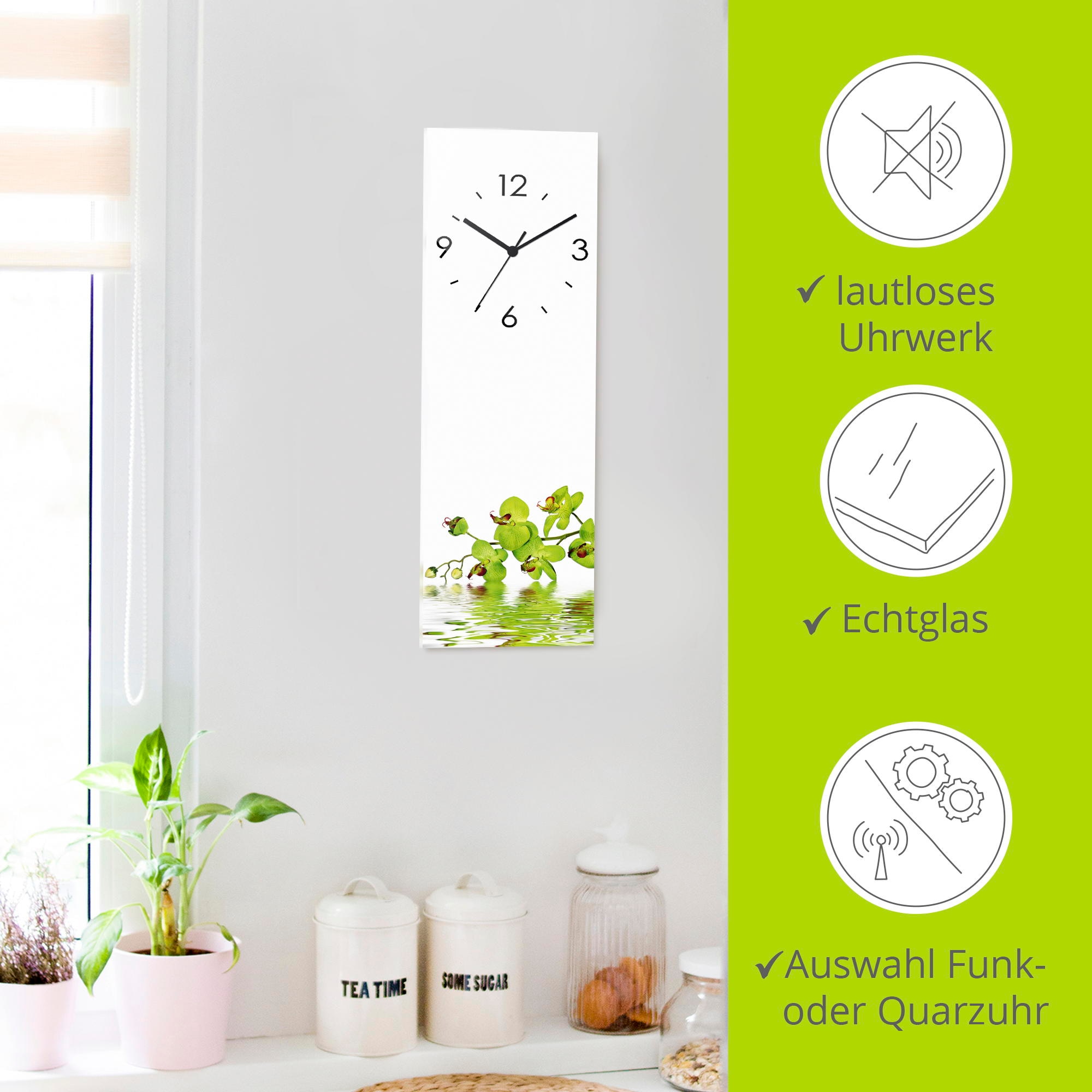 Artland Wanduhr »Schöne Orchidee mit grünem Hintergrund«, wahlweise mit Quarz- oder Funkuhrwerk, lautlos ohne Tickgeräusche