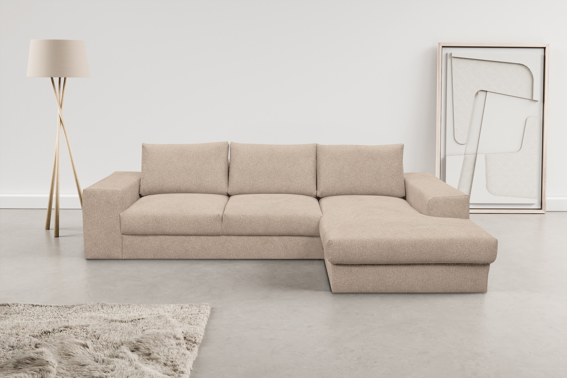 WERK2 Ecksofa »Rozzana Design Ecksofa mit hohem Komfort, zeitlos & elegant,  L-Form,« in kuschelweichen Trendstoffen Cord, Breitcord und Plüsch