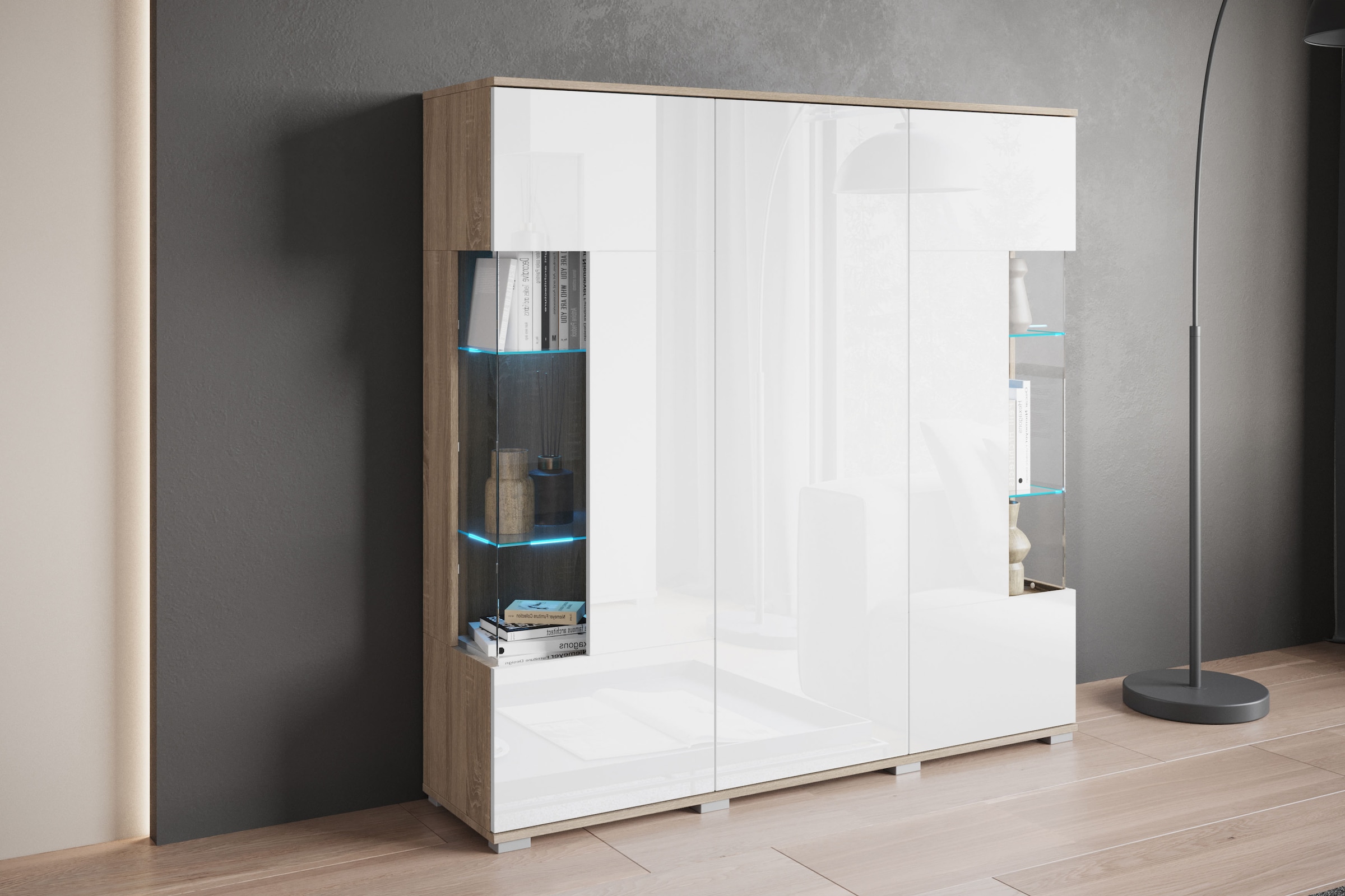 INOSIGN Highboard »Kenia«, (1 St.), Modernes Highboard, mit Glastüren, Breite 135 cm