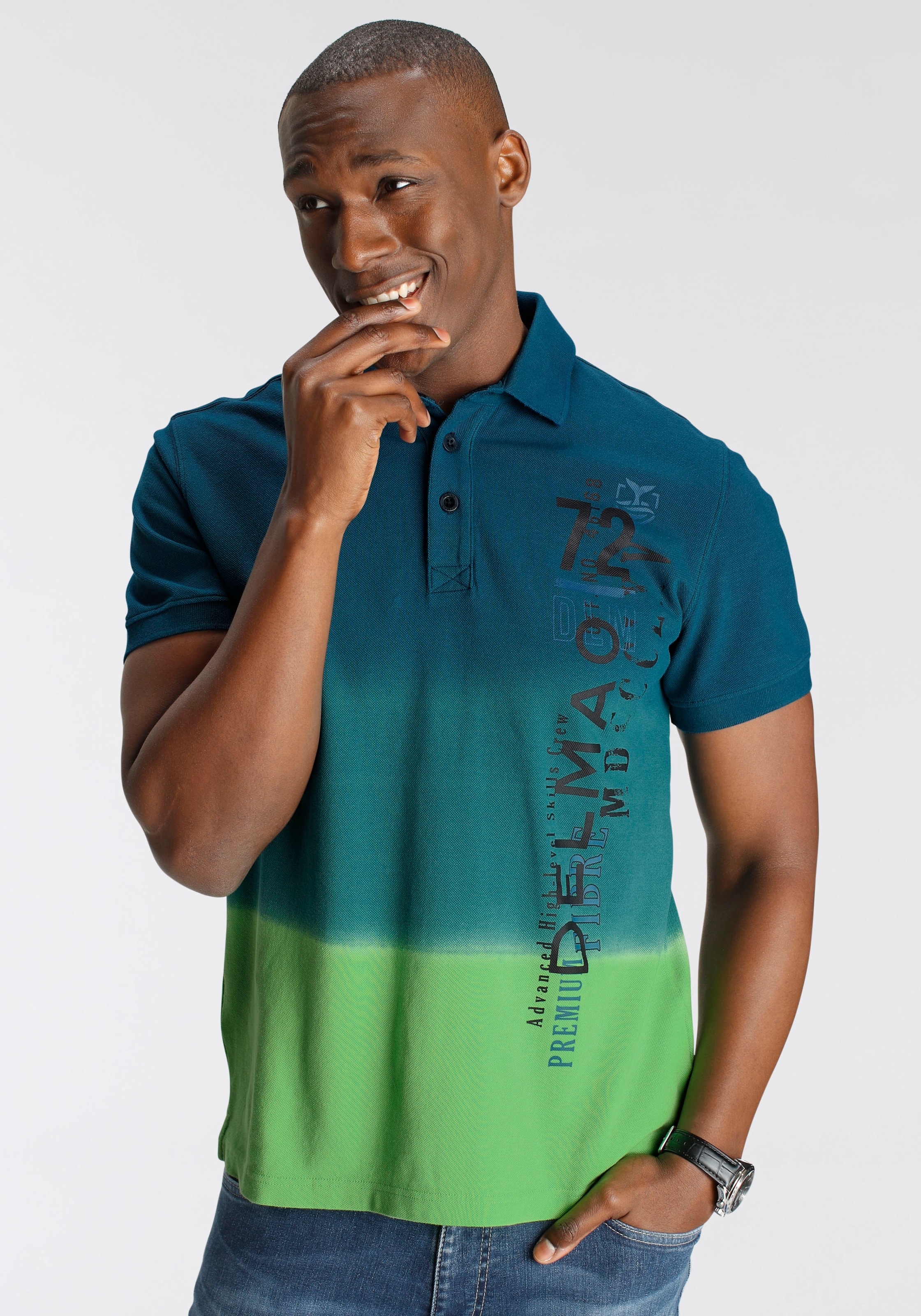 DELMAO Poloshirt, mit bei ♕ NEUE und Farbverlauf modischem MARKE! Print