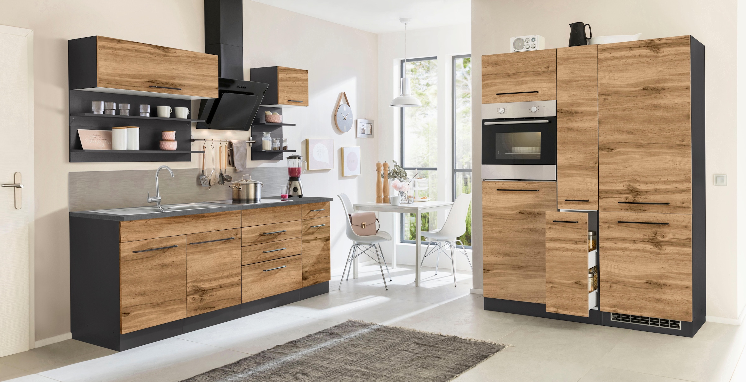 KOCHSTATION Küchenzeile "KS-Tulsa" ohne E-Geräte, Breite 360 cm, schwarze Metallgriffe, MDF Fronten