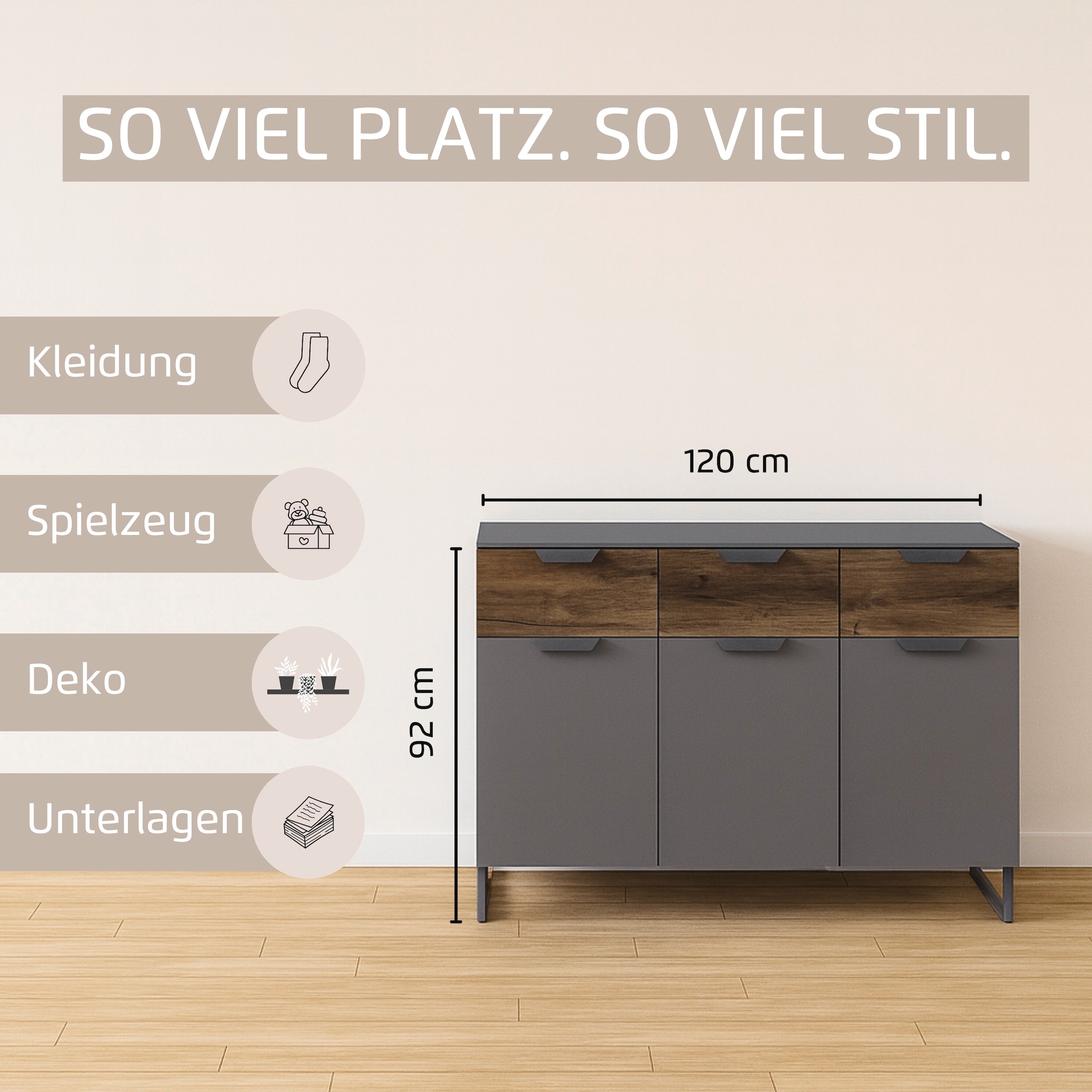 rauch Kombikommode »Barea« Breite 120 cm, Höhe 92 cm,  3 Türen, 3 geräumige Schubladen, Böden verstellbar MADE IN GERMANY