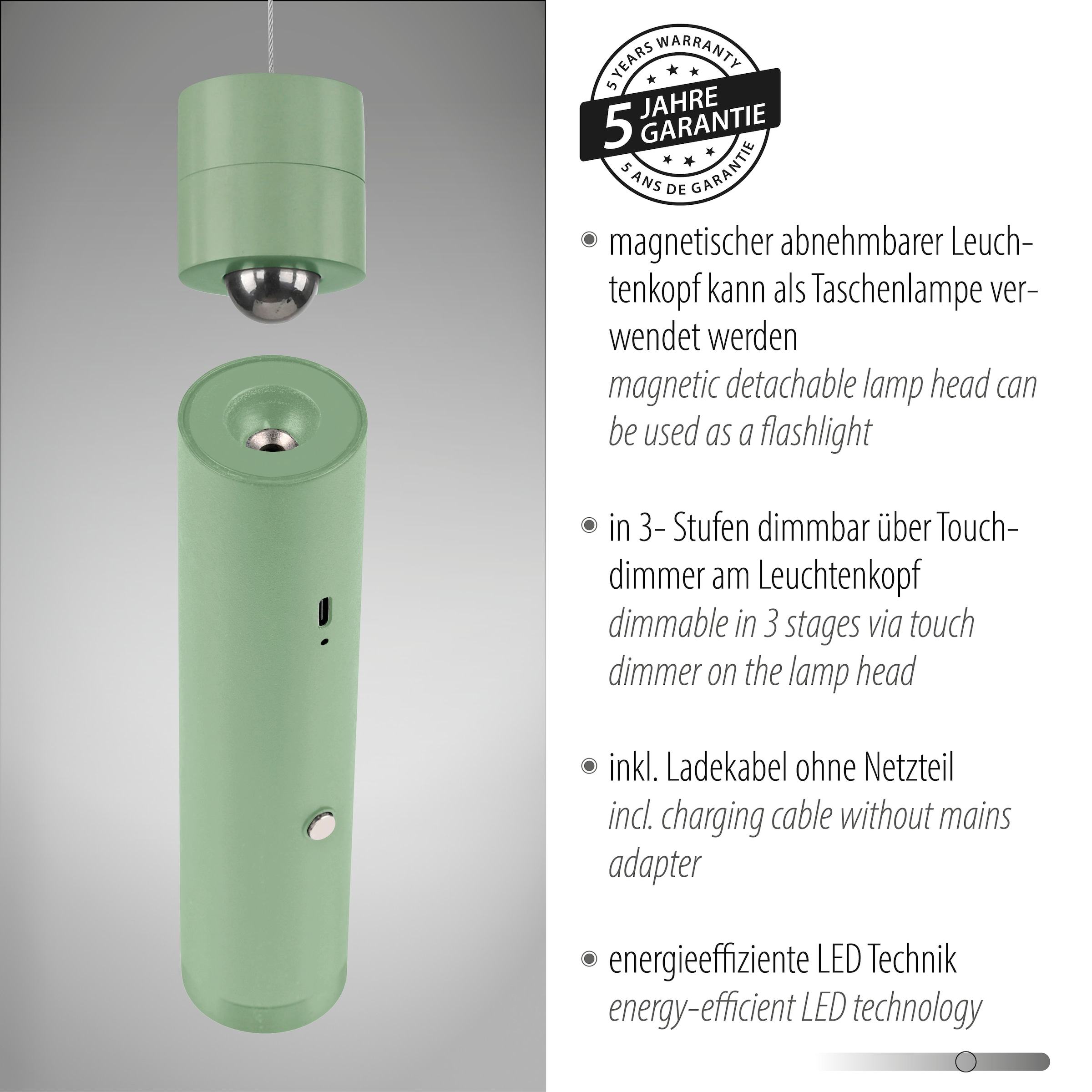 JUST LIGHT Pendelleuchte »ATTACH« LED-Modul 1 Stk. Warmweiß Akkuleuchte, mobile Lichtlösung, Taschenlampe