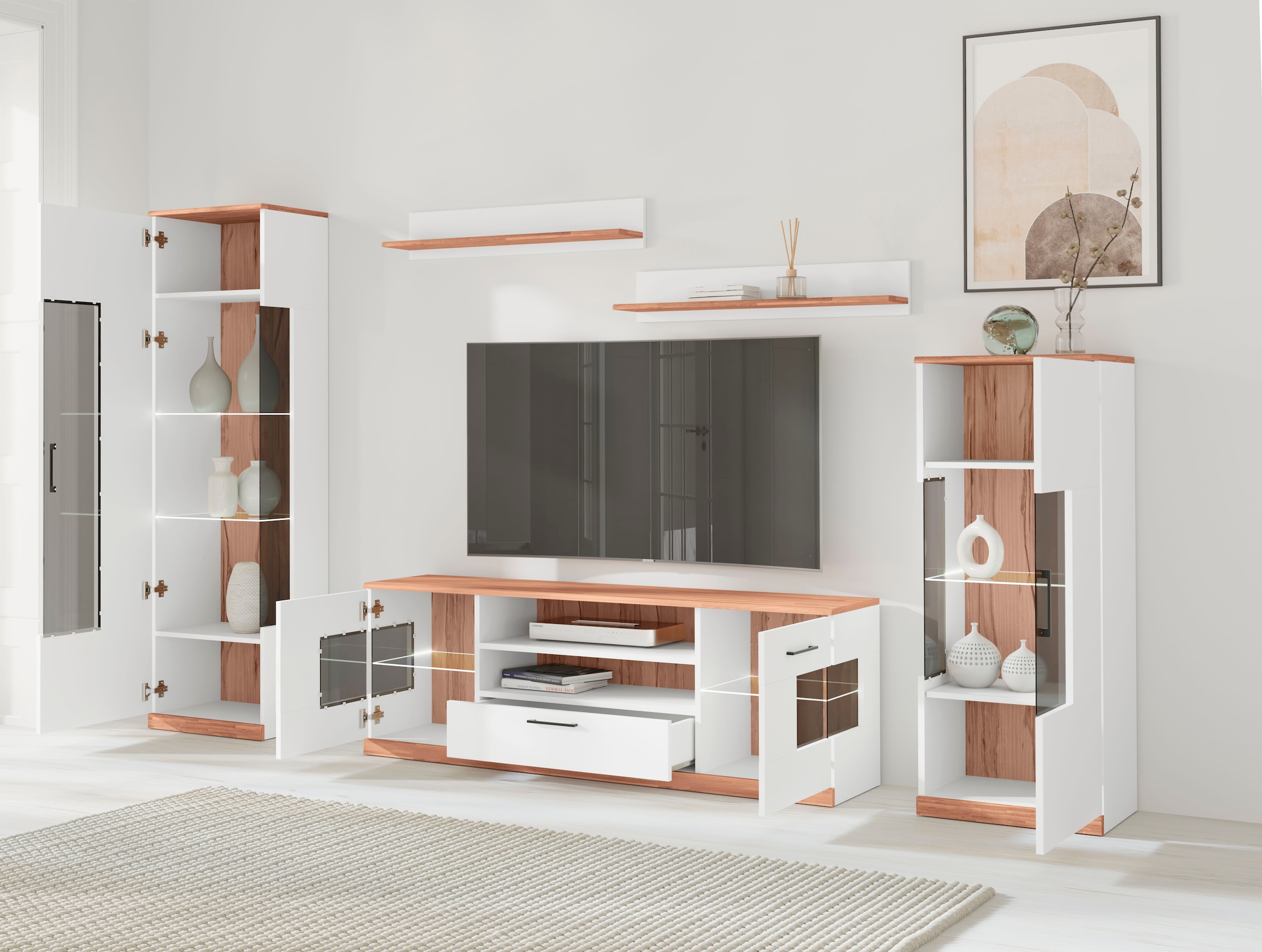 Home affaire Wohnwand »Ribe Wohnwand Set-5 St.« Set, 5 Stk. tlg. Glaseinsatz aus gehärtetem Glas,Böden teilweise versetzbar