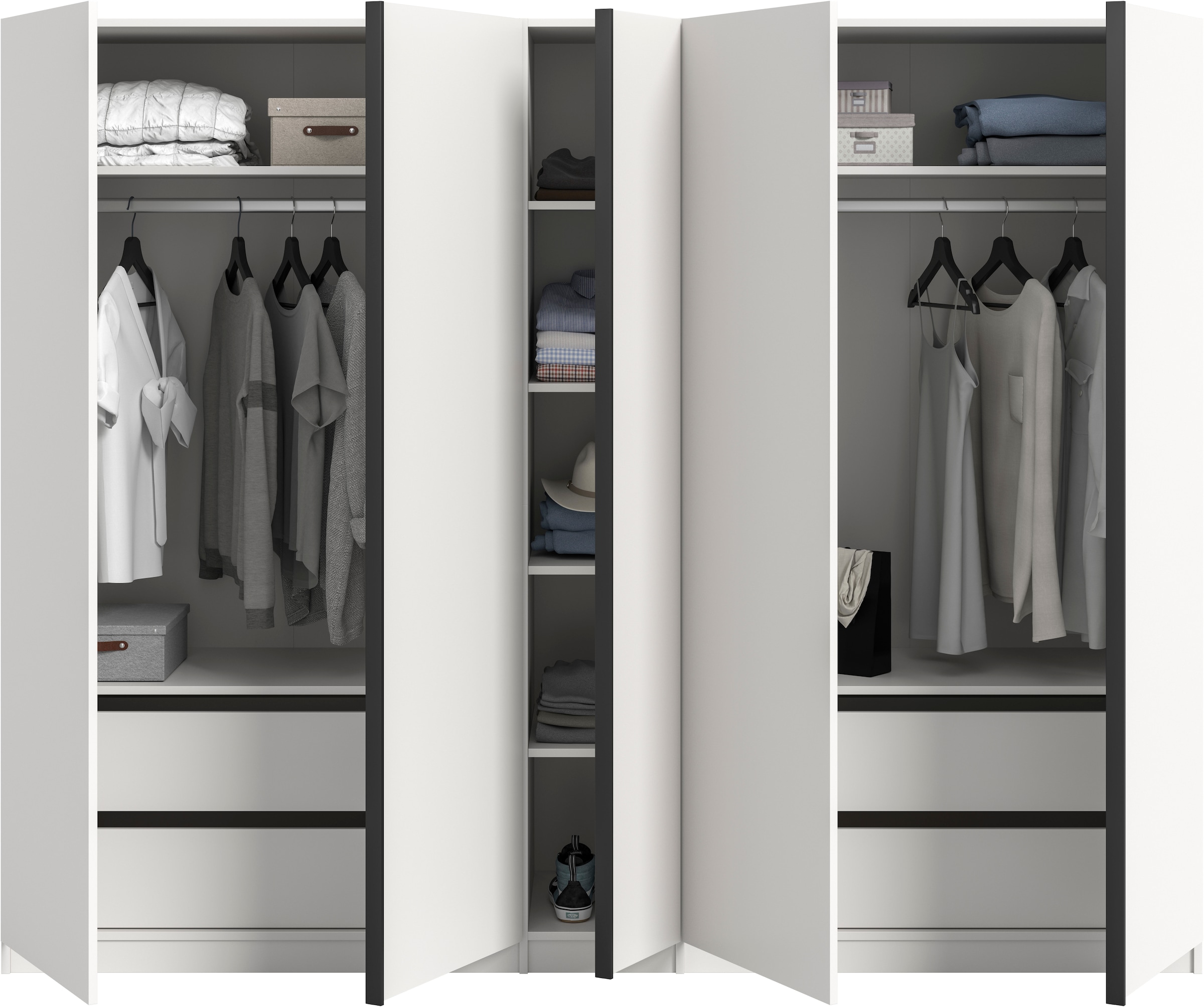 Home affaire Kleiderschrank »BENDINGO, TOPSELLER!, Schlafzimmerschrank, Schrank, Garderobenschrank« OTTO BESTSELLER, Garderobe & Schlafzimmer,  Breite 230cm, weiß, 5-türig, 2 Kleiderstangen, 6 Böden, 4 Schubladen