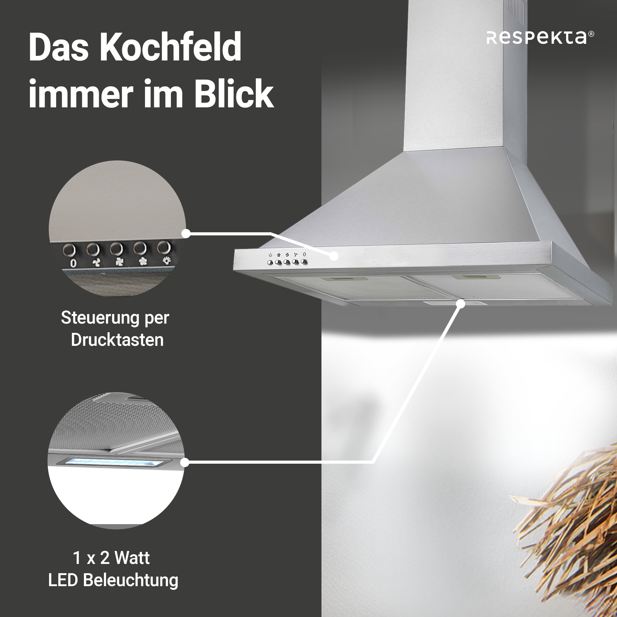 RESPEKTA Kaminhaube »CH 22078 IXB«, Serie Dalia, 60 cm, 3 Leistungsstufen, LED-Beleuchtung, Ab- und Umluftfähig