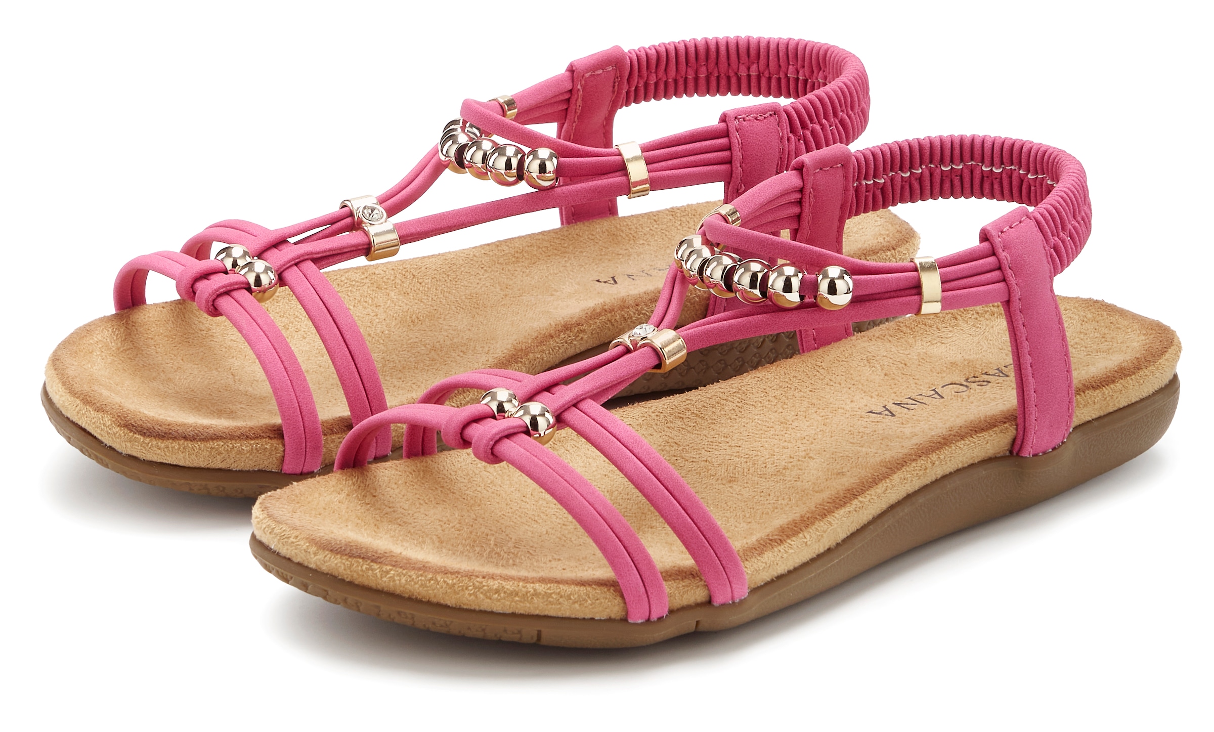 LASCANA Sandale »Sommerschuh, offener Schuh,«  NEU mit elastischen Riemchen und kleinen Perlenelementen VEGAN