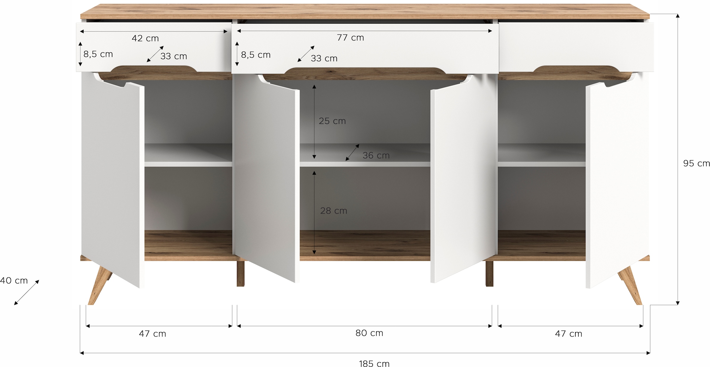 Home affaire Sideboard »Alesund, Breite 185 cm, 4 Türen, 1 Schubkasten, konischer Fuß«, Scandi-Look, Anrichte, Schrank, Kommode, Wohnmöbel, Wohnzimmer