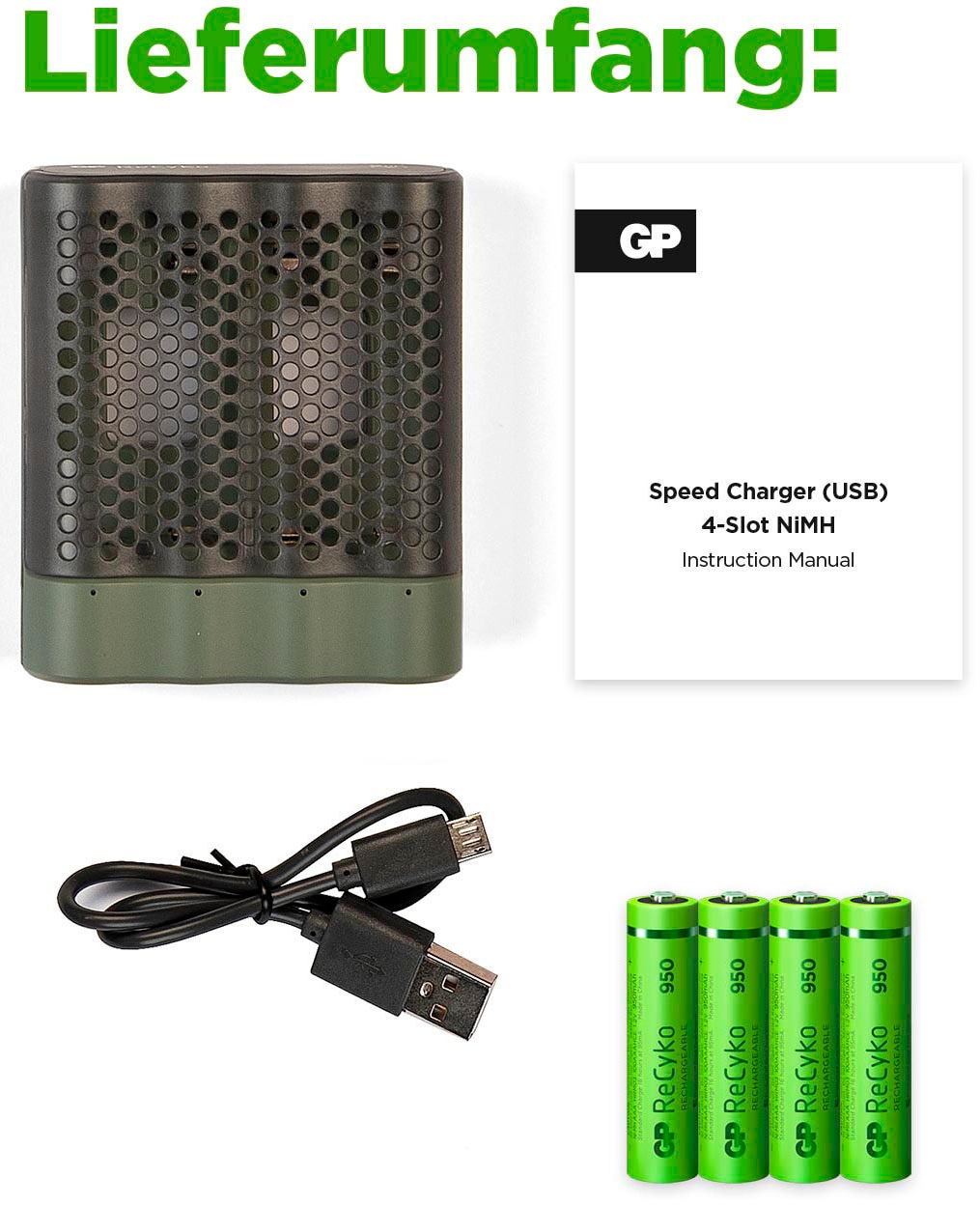 GP Batteries Batterie-Ladegerät »ReCyko Speed M451 4-fach NiMH mit 4 x AAA 950 mAh NiMH-Batterien«