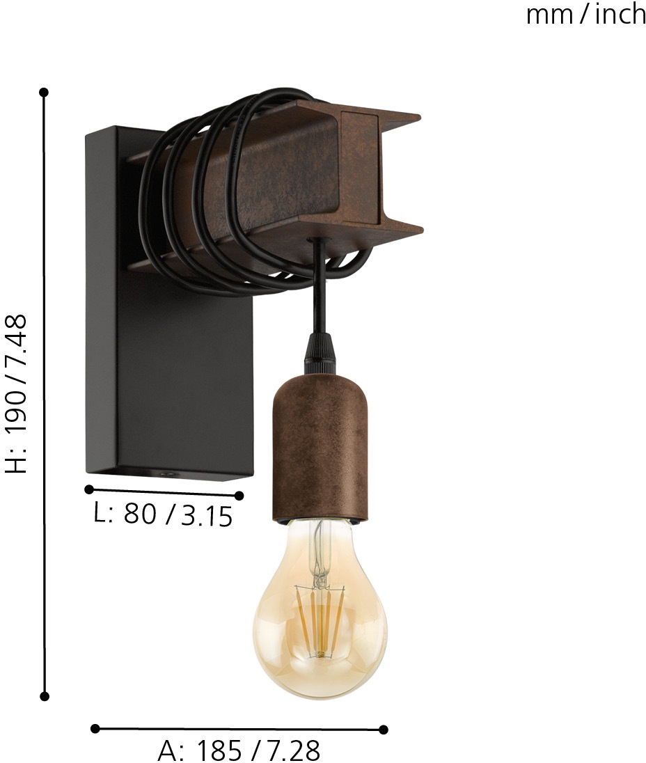 EGLO Wandleuchte »TOWNSHEND 4 Wandlampe, Stahl, Rostoptik, Retro, Vintage, E27«, 1 flammig, Leuchtmittel E27 | ohne Leuchtmittel, antik-braun, Metallbalken, Wohnzimmer, Esszimmer, Flur, 19x8x18,5cm