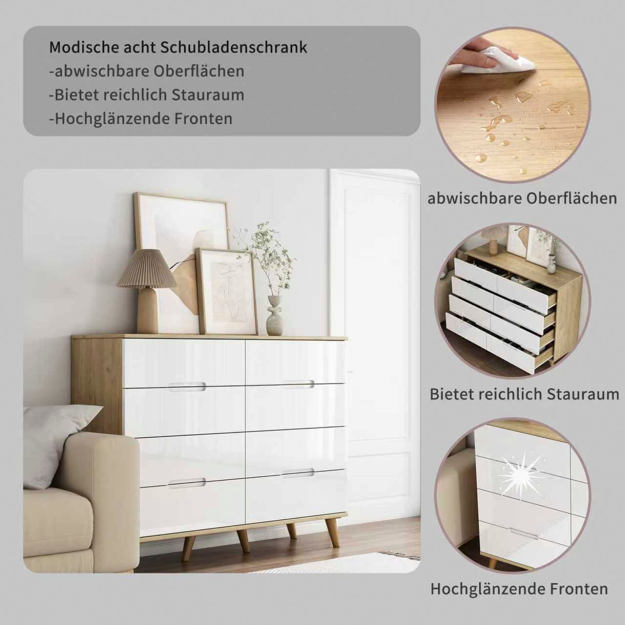 OTTO home Kommode »Lund« mit glänzenden Fronten, Griffmulden, helles Holzdekor, Breite 120 cm