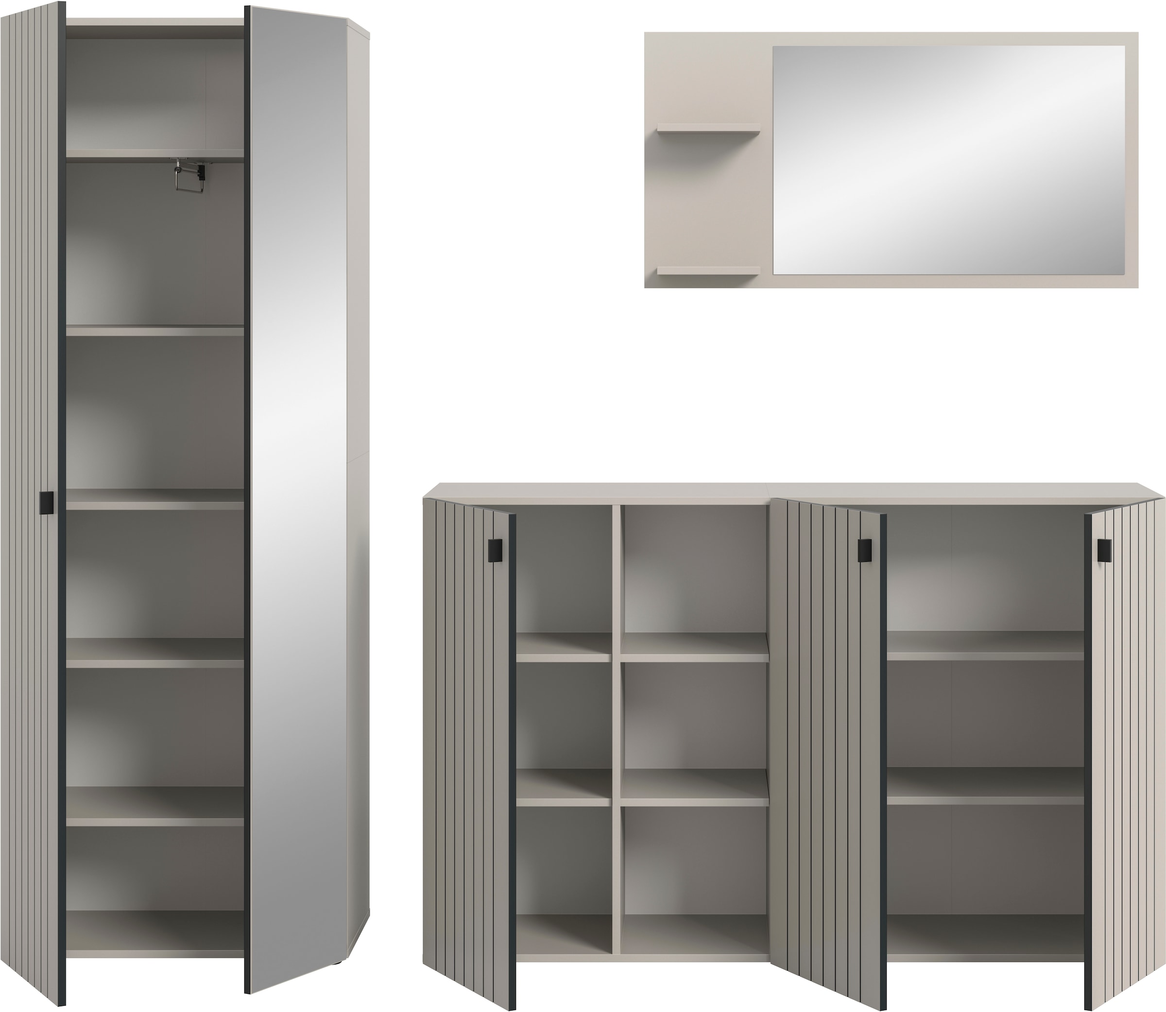 INOSIGN Garderoben-Set »TATIO, 3-tlg. Garderobenkombination, Breite: 235 cm, Rillenfräsung« Set, Set, best. aus: 1 Garderobenschrank, 1 Garderobenspiegel, Schuhkommode, 3 Stk. tlg.