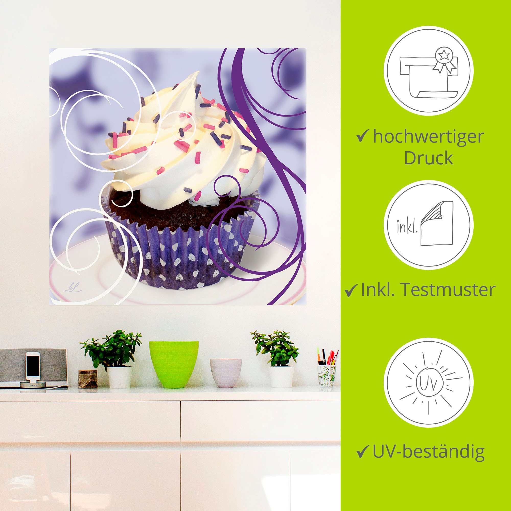 Artland Wandbild »Cupcake auf violett - Kuchen«, Süßspeisen, (1 St.), als Poster, Wandaufkleber in verschied. Größen