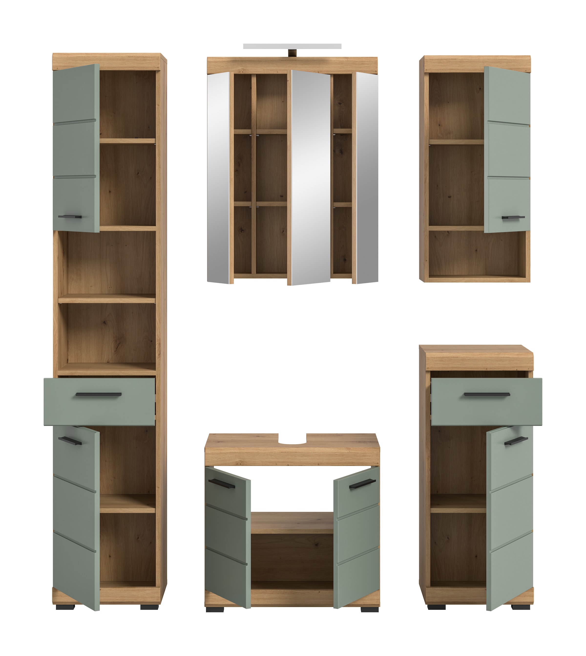 INOSIGN Badmöbel-Set »Siena, 5 teilig, inklusive LED Beleuchtung, bestehend aus:«, (Set, 5 St., TOPSELLER!), Hochschrank, WBU, Spiegelschrank, Unterschrank, Hängeschrank