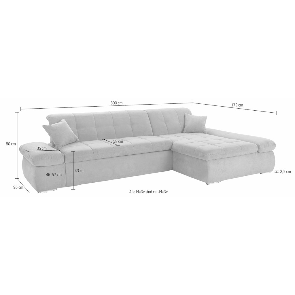 DOMO collection Ecksofa »NMoric XXL, B/T/H: 300/172/80cm, Revamierenabschluss«, wahlweise mit Bettfunktion und Armlehnverstel,lung