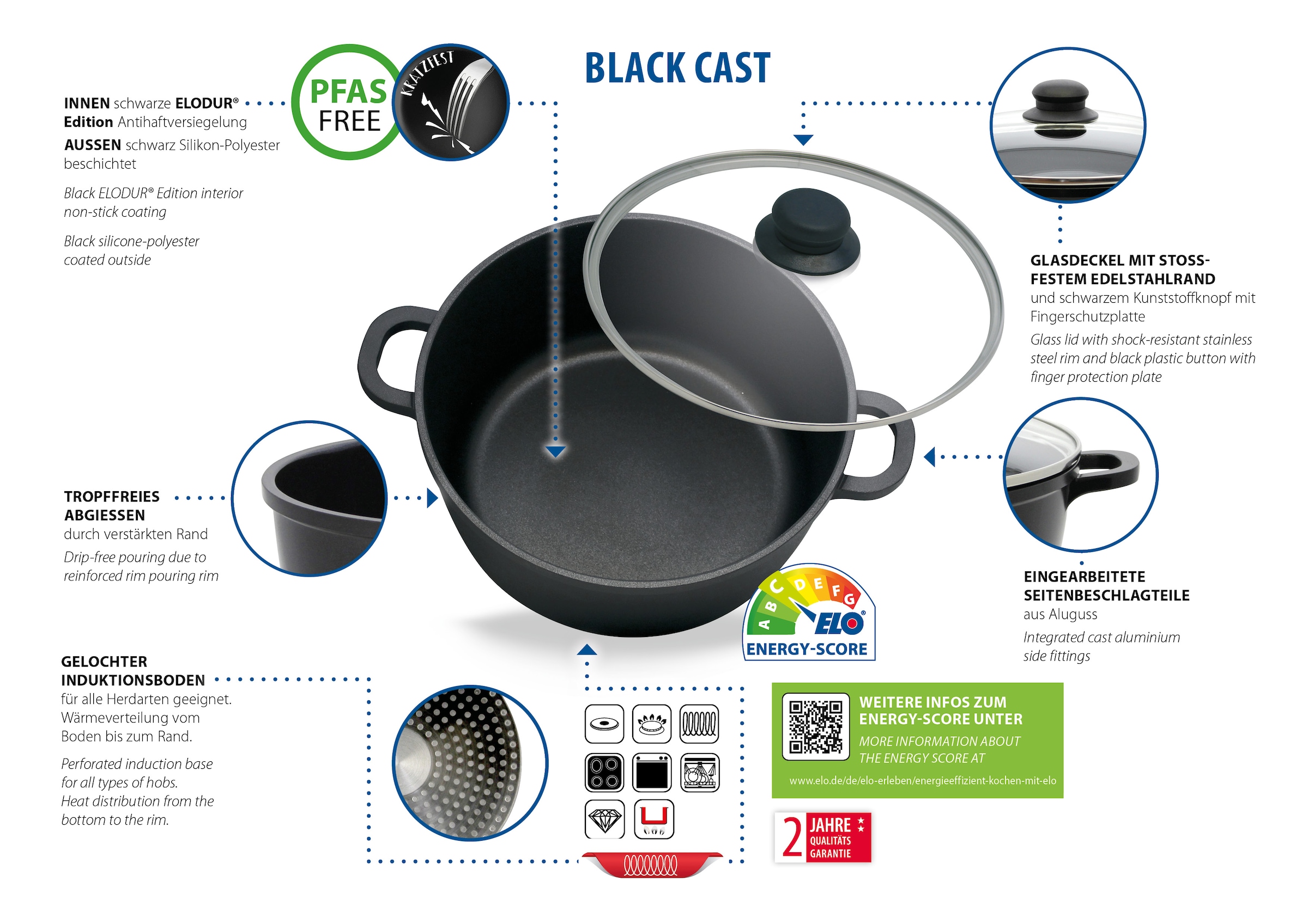 Elo Basic Topf-Set »Black Cast«, Aluminiumguss, (Set, 7 tlg., 3 Töpfe mit Deckel, 1 Stielkasserolle), mit hochwertiger Antihaftversiegelung, Induktion