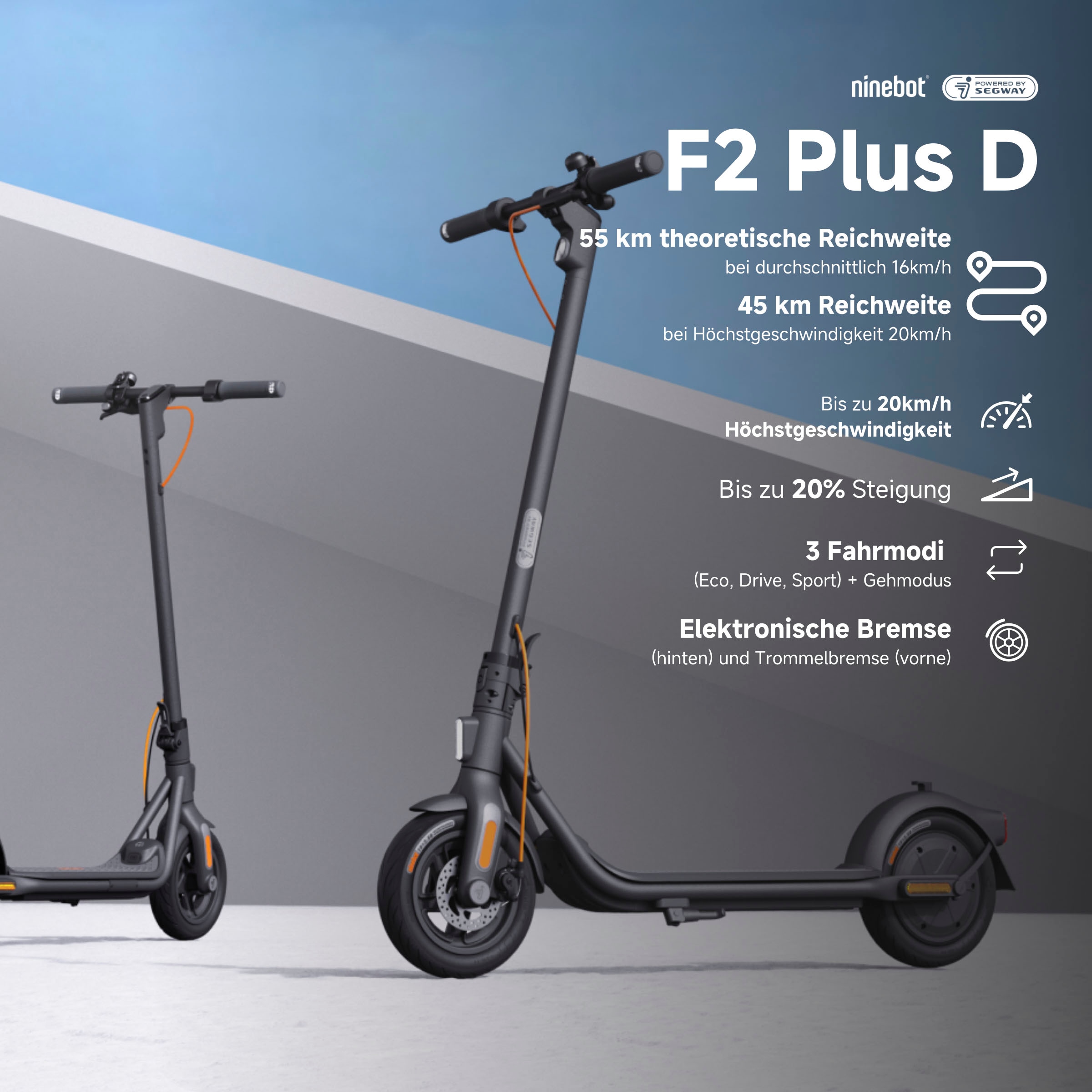 ninebot by Segway E-Scooter »KickScooter F2 PLUS D«, mit Straßenzulassung, bis zu 55 km Reichweite, klappbar