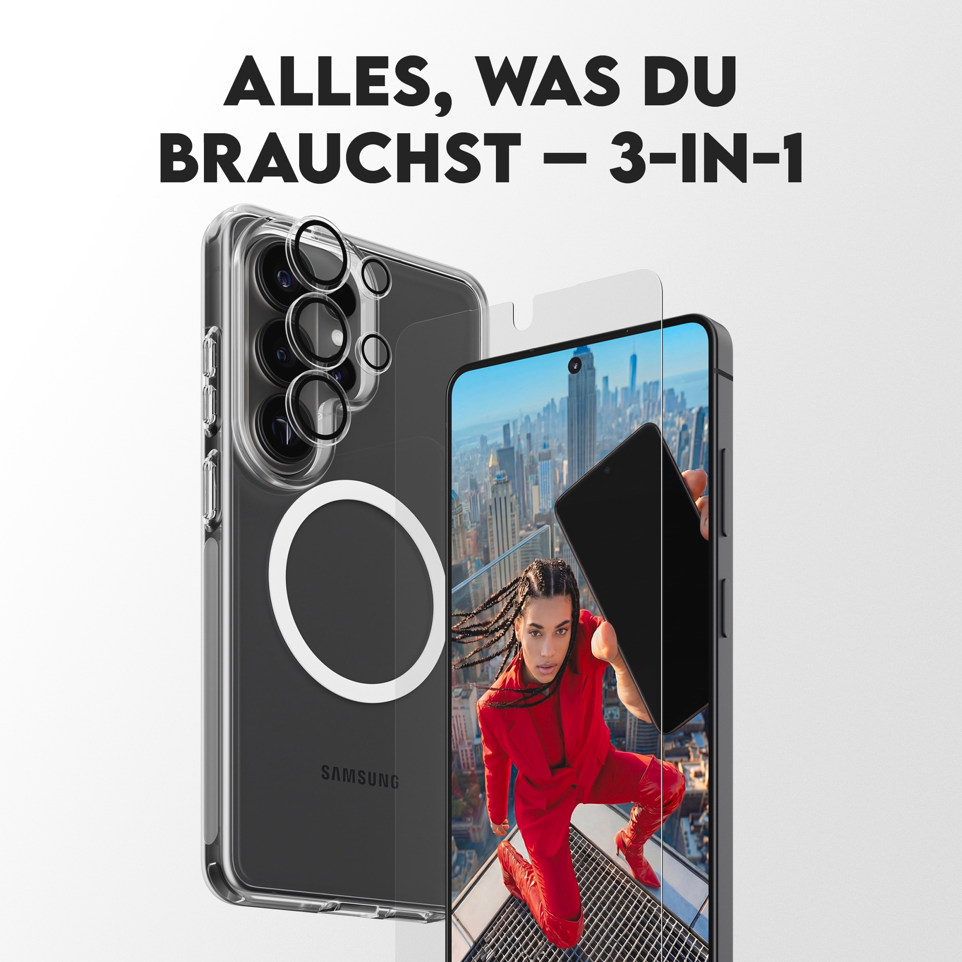 CARE by PanzerGlass Displayschutzglas »3-in-1 Protection Explorer Bundle« für Samsung Galaxy S26 Ultra Displayschutzfolie, Schutzfolie, Bildschirmschutz, kratz- & stoßfest