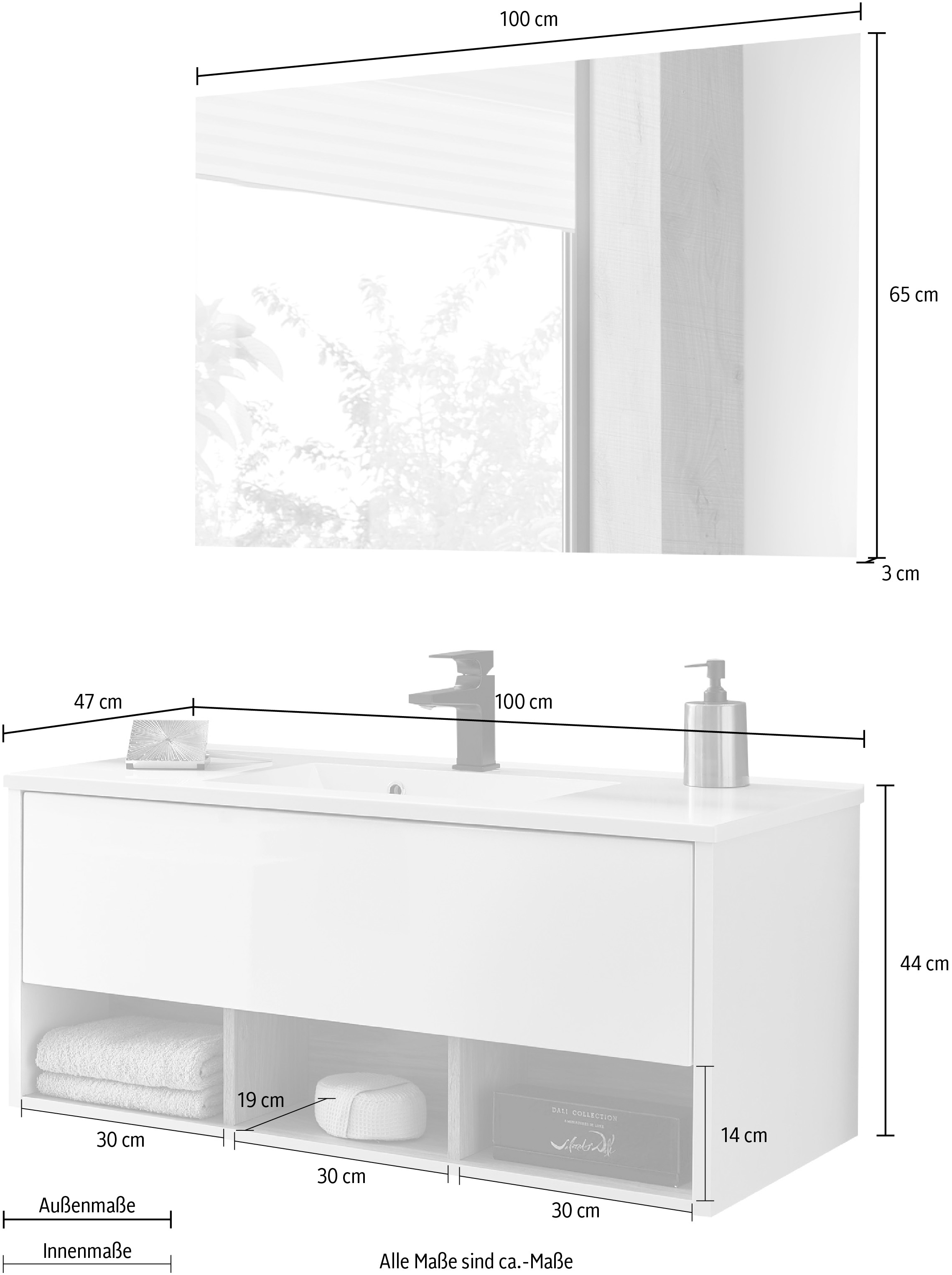Home affaire Badmöbel-Set »Studio Line, Bad im modernen Design, 2-teiliges Badezimmer« in 2 Farben und 2 Spiegelformen lieferbar, 2 Stk. tlg.