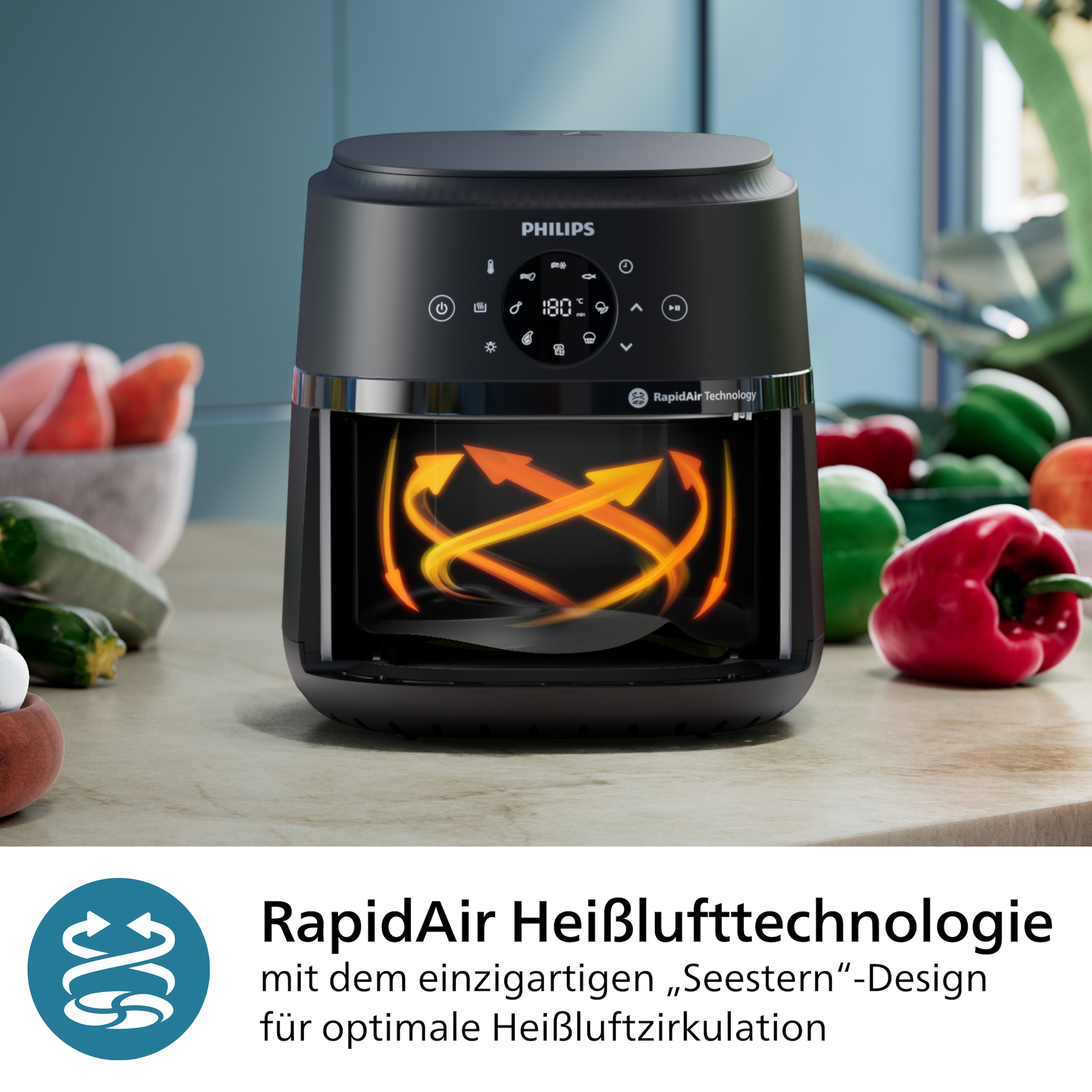 Philips Heißluftfritteuse »Airfryer 2000 NA221/00, mit 4.2L, Sichtfenster«, 1500 W, RapidAir Technologie und 13 Kochfunktionen; Schwarz/Silber