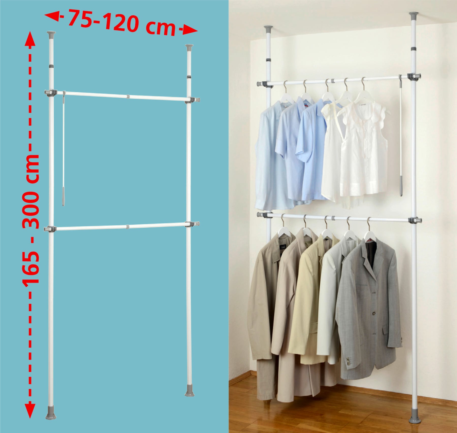 WENKO Teleskopregal »Modell Herkules Basic«, Kleiderstangen zum Klemmen ohne Bohren, verstellbar in Höhe & Breite