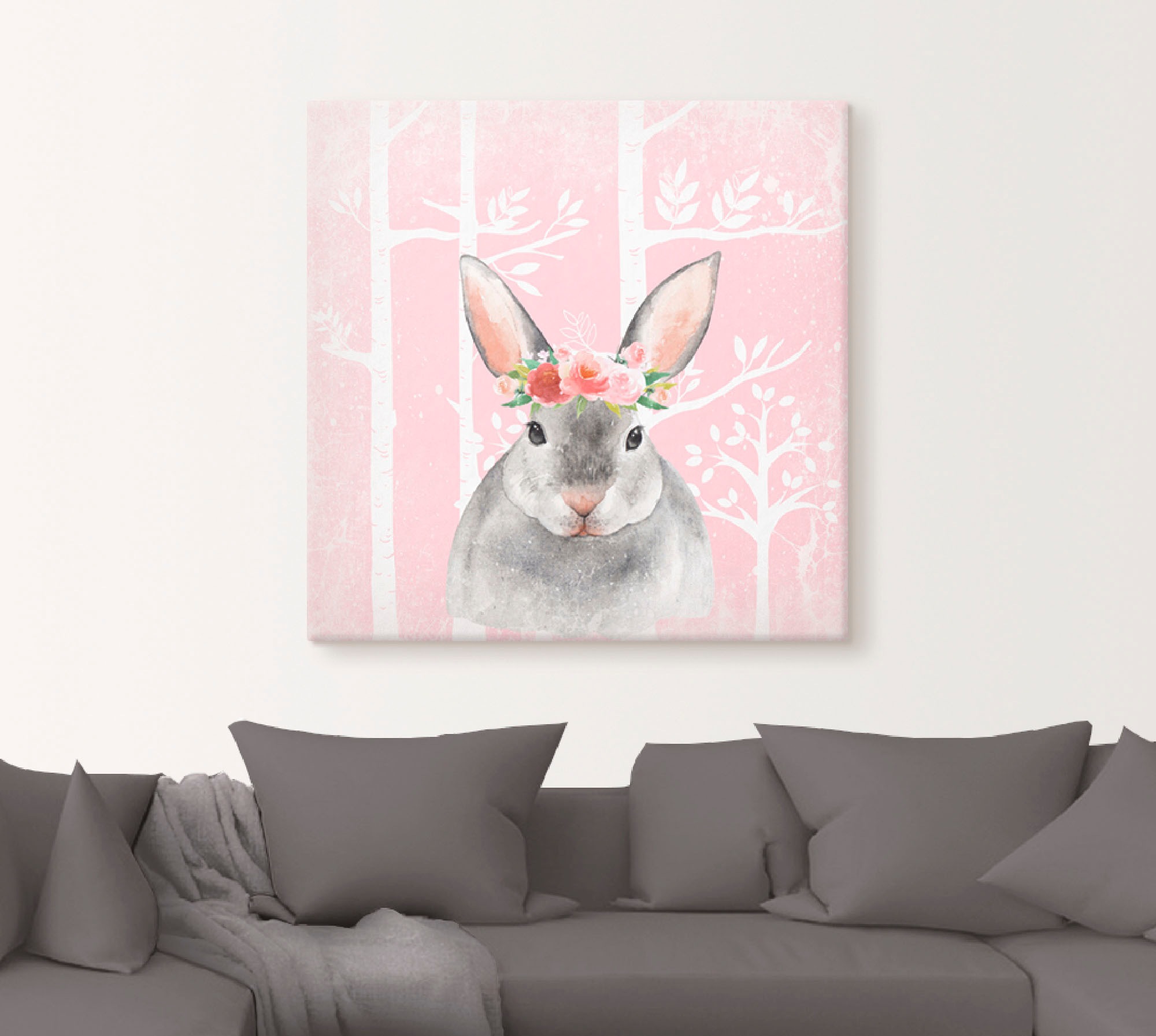 Artland Leinwandbild »Hase mit Blumen im pink Wald« Tiere 1 Stk. tlg. auf Holzrahmen gespannt