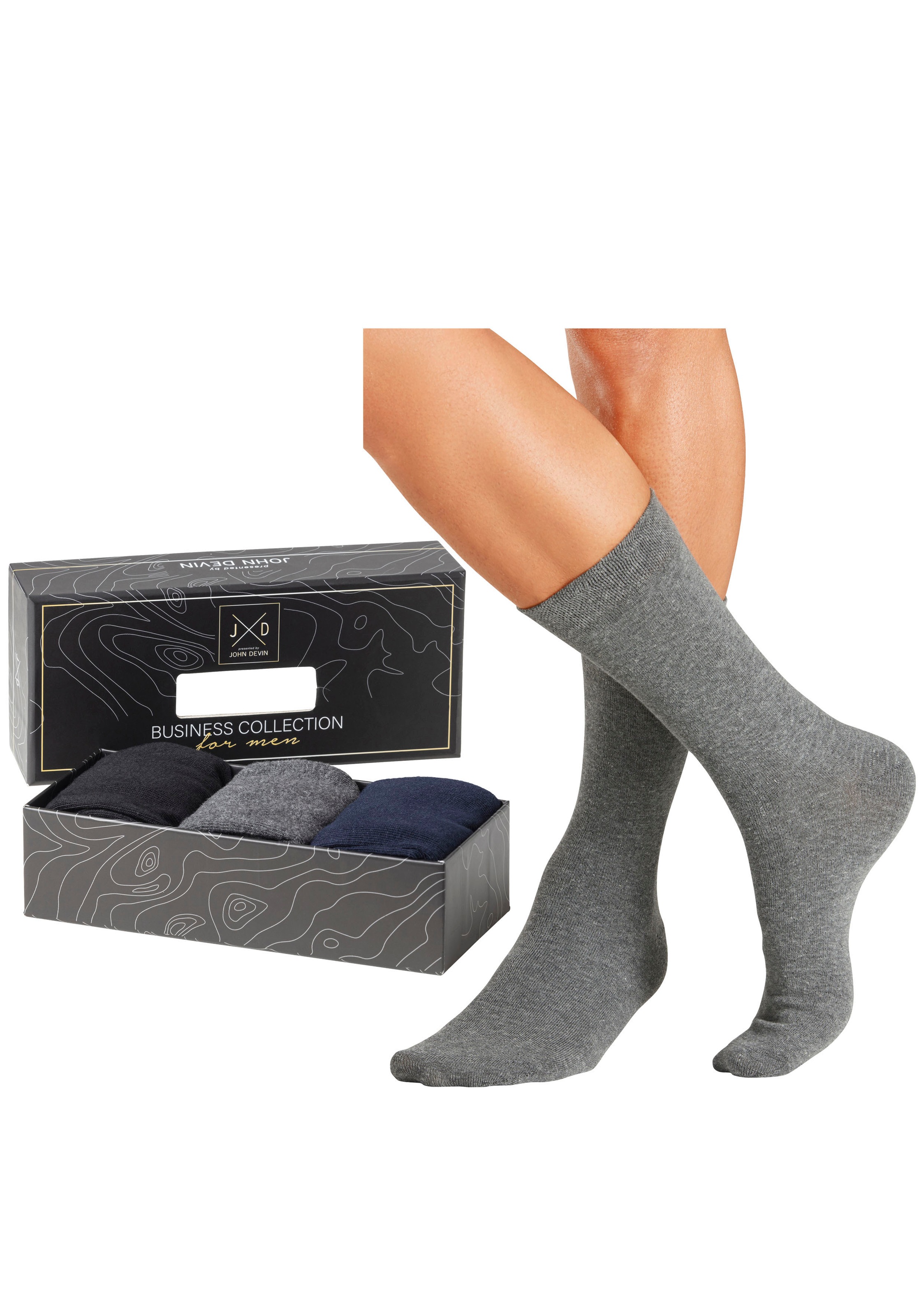 John Devin Businesssocken, (Packung, 3 Paar), mit längerer Schaftlänge, verpackt in einer Box