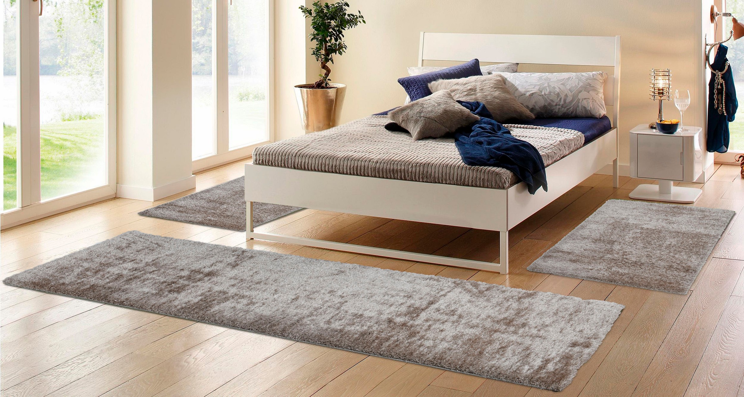 my home Bettumrandung »Malin«, (3 tlg.), Hochflor, Shaggy, Uni-Farben, leichter glanz, Microfaser, Pflegeleicht