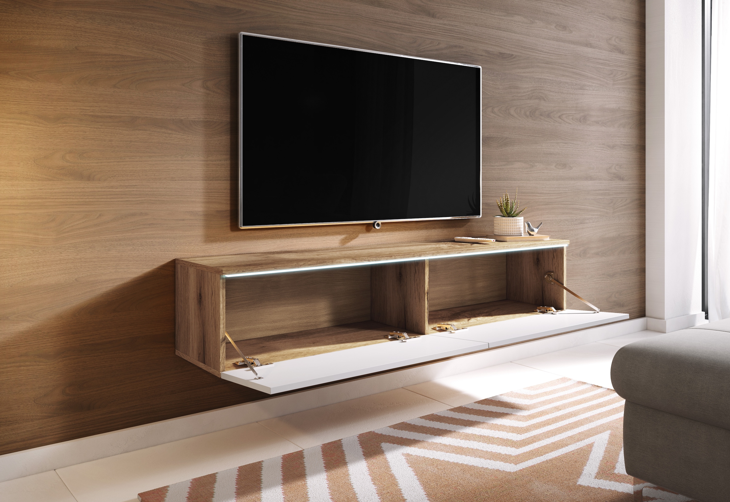 INOSIGN Lowboard »LOWBOARD D, wahlweise mit oder ohne Beleuchtung«, modernes TV-Board ohne Griffe, mit viel Stauraum,stehend und hängend