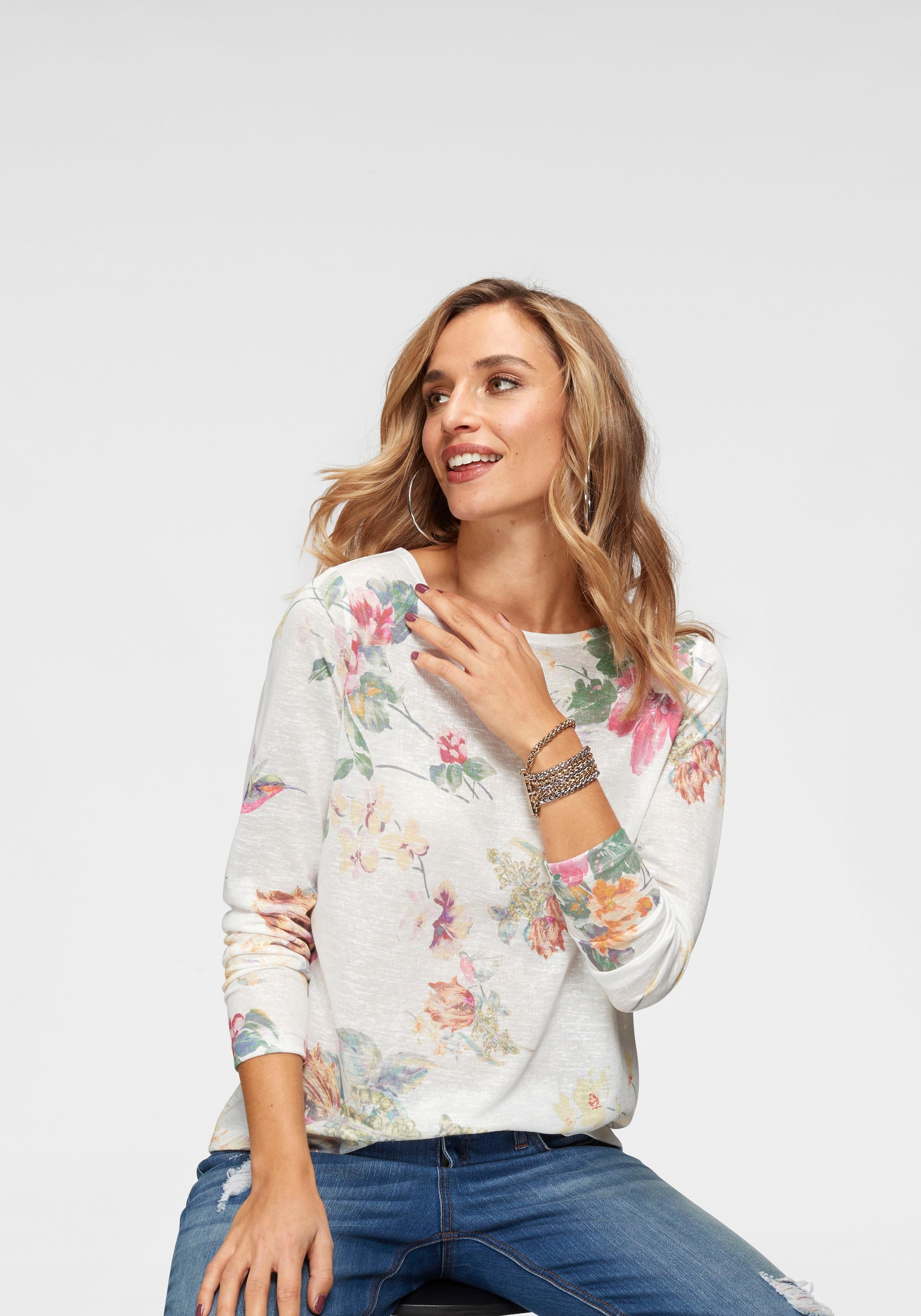 Aniston CASUAL Langarmshirt, mit großflächigem Blumendruck und Vögeln