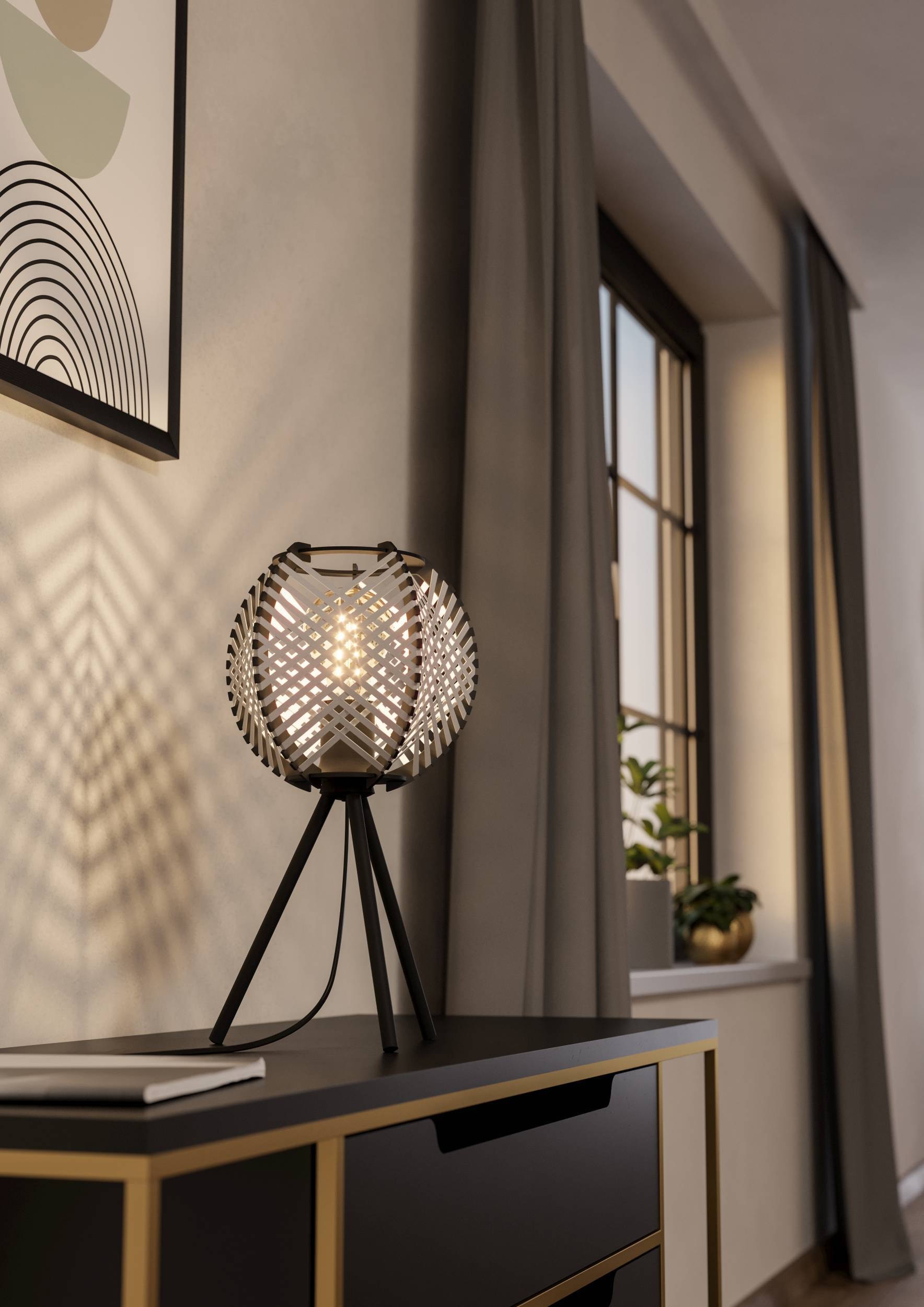 EGLO Tischleuchte »Waverton Tischampe, Nachttischlampe, Metall, Holz, Textil in Weiß, E27« E27 1 Stk. Tischleuchte - H40 x Ø22 cm - schwarz - 1X40W exkl.