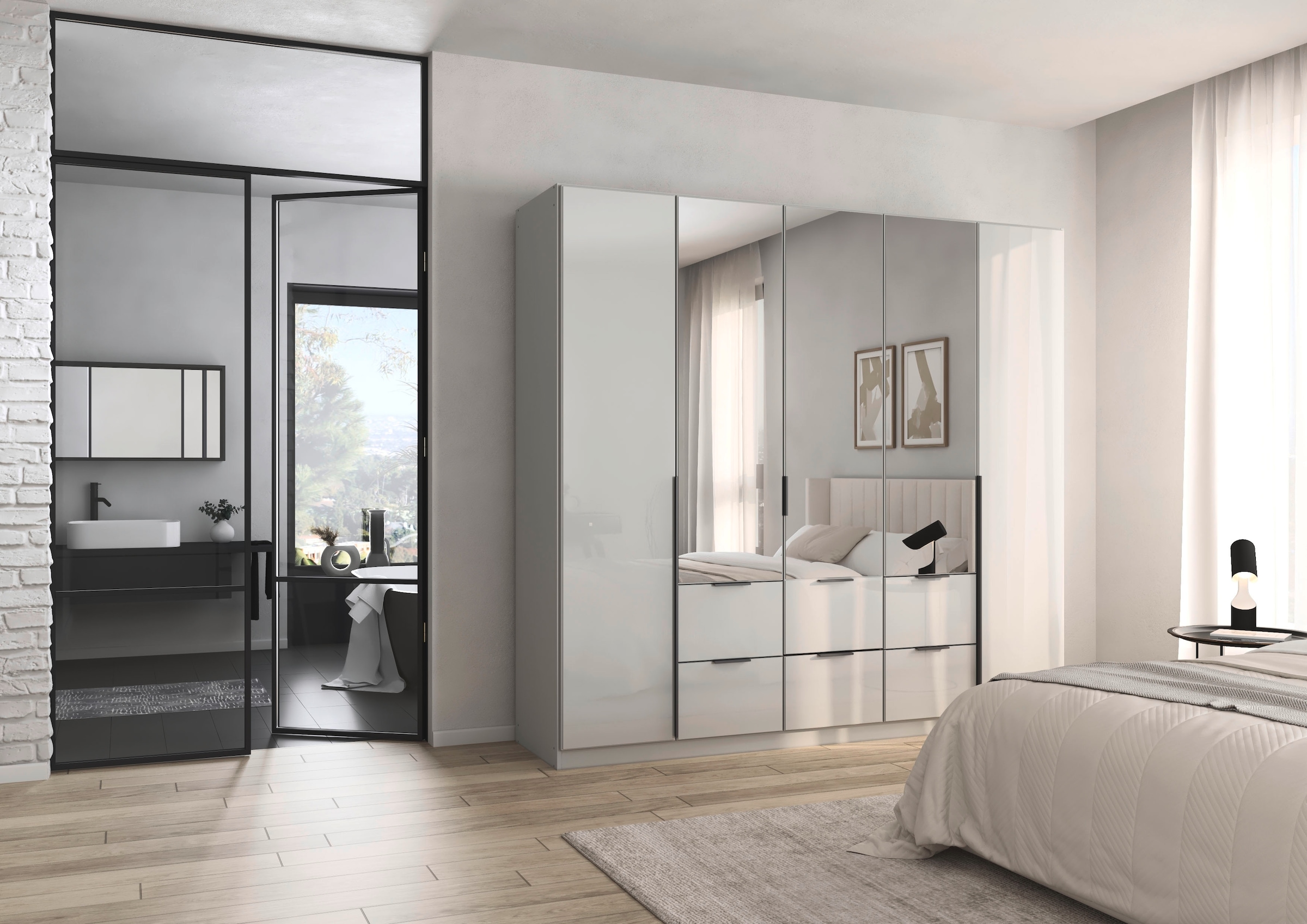 rauch Drehtürenschrank »Kleiderschrank Kleiderschränke Schrank Garderobe AGORDO mit Glasfront«, (in zwei Griff-Farben mit Glasfront), mit Außenschubkästen, in 6 Breiten und 2 Höhen MADE IN GERMANY