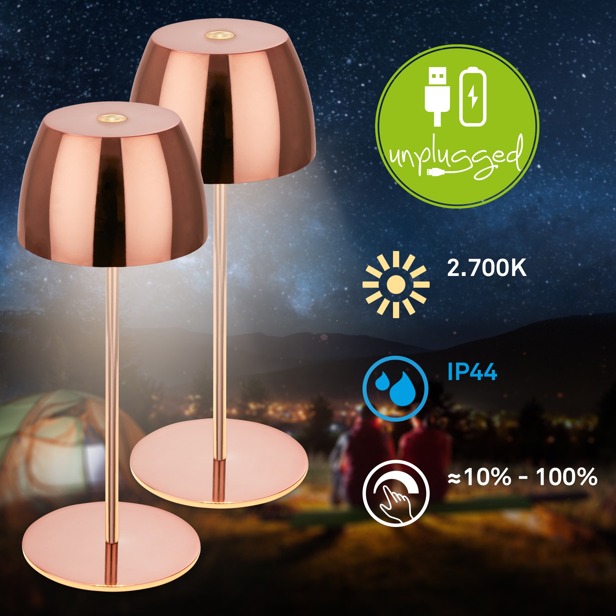 Briloner Leuchten LED Außen-Tischleuchte »SERINA MINI« LED-Modul 2 Stk. Warmweiß kabellos 20 x 8 cm Kupferfarbig 2,5W Wohnzimmer Schlafzimmer 2er-Set