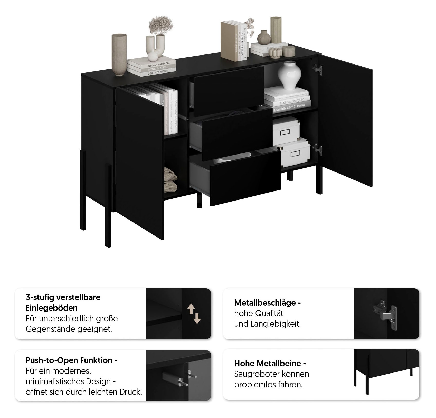 OTTO home Sideboard »Jukon, Breite 150 bzw.180 cm, moderne grifflose Kommode« Schubladenschrank 2 Türen/3 Schubkästen, push-to-open-Funktion