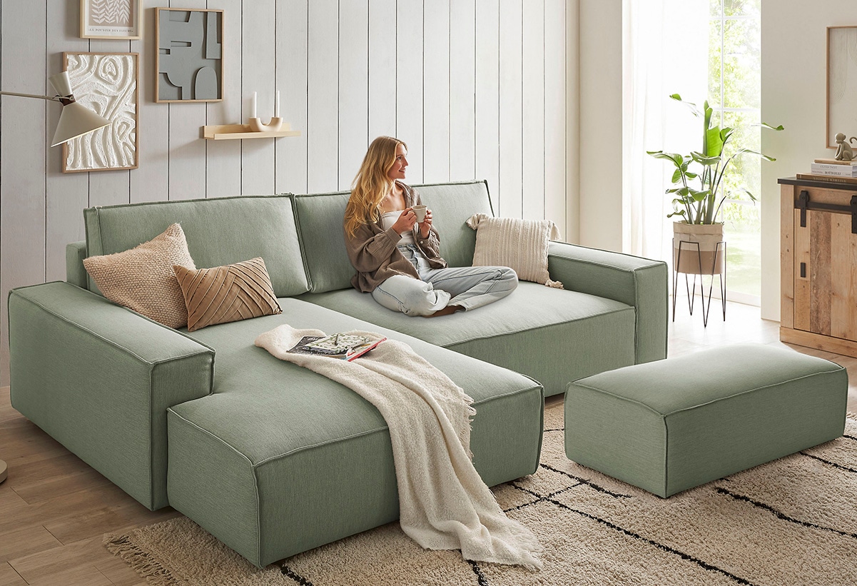 Home affaire Polsterecke »NEU: SHERWOOD XXL tief, L-Form mit Schlaffunktion, Big-Sofa mit Hocker«, (Set, 2 St.), stellbar zum Schlafsofa (Krokodilverbinder), Cord, Leinenoptik