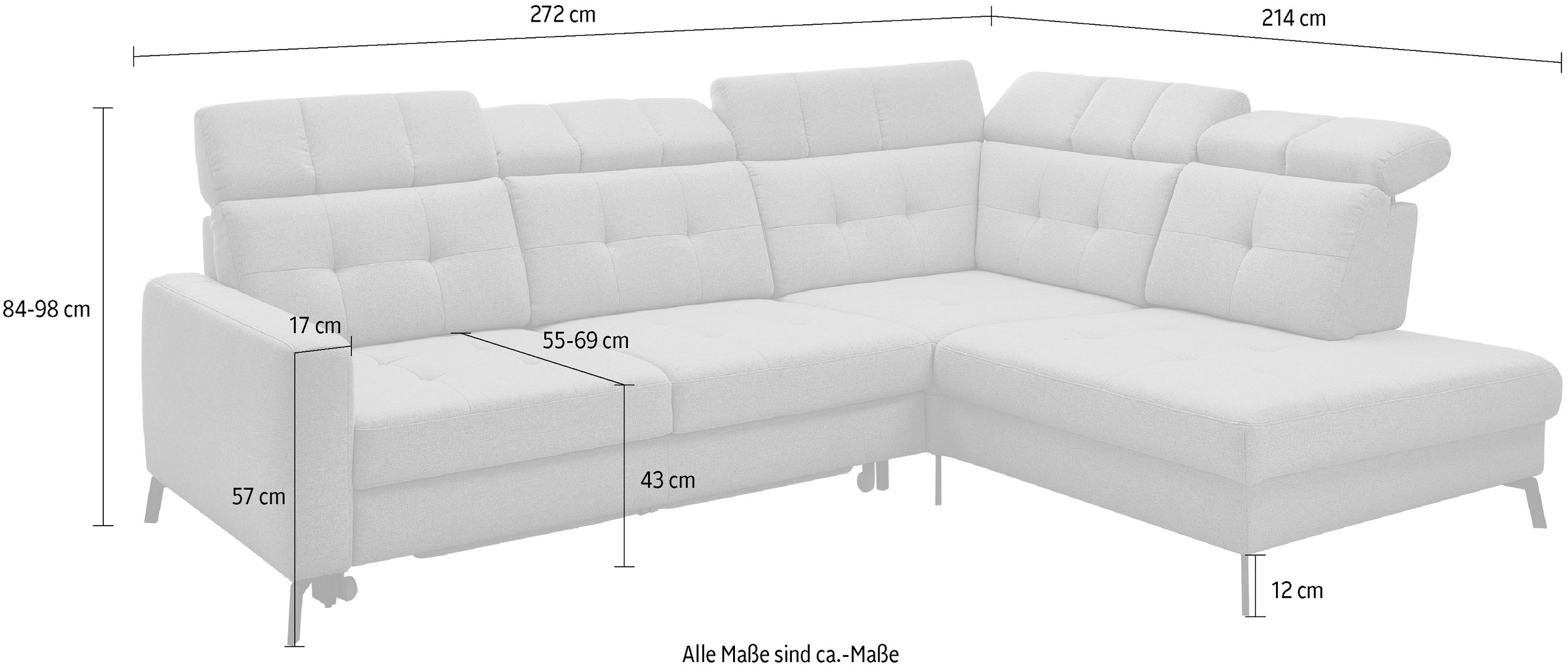 Musterring Ecksofa »MR 4615«, mit Kopf- und Rückenverstellung, Metallfuß schwarz, Maße 272 x 214 cm