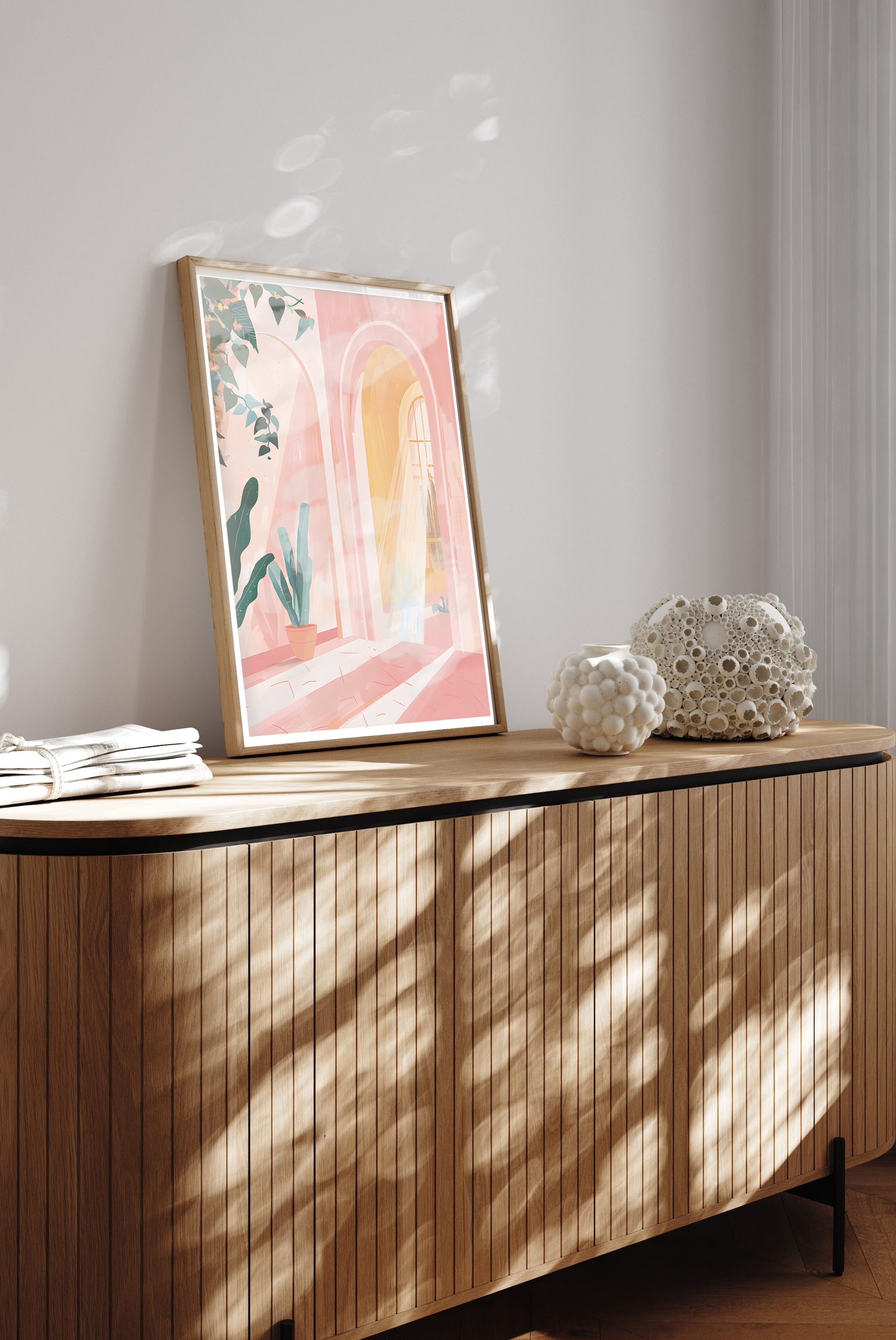 queence Bild mit Rahmen »Warme Sonnenstrahlen« Blätter | Blätterbilder | Fenster & Türen | Gemälde | Kunst 1 Stk. tlg. Kunstdruck in Pastell mit einem Echtholzrahmen