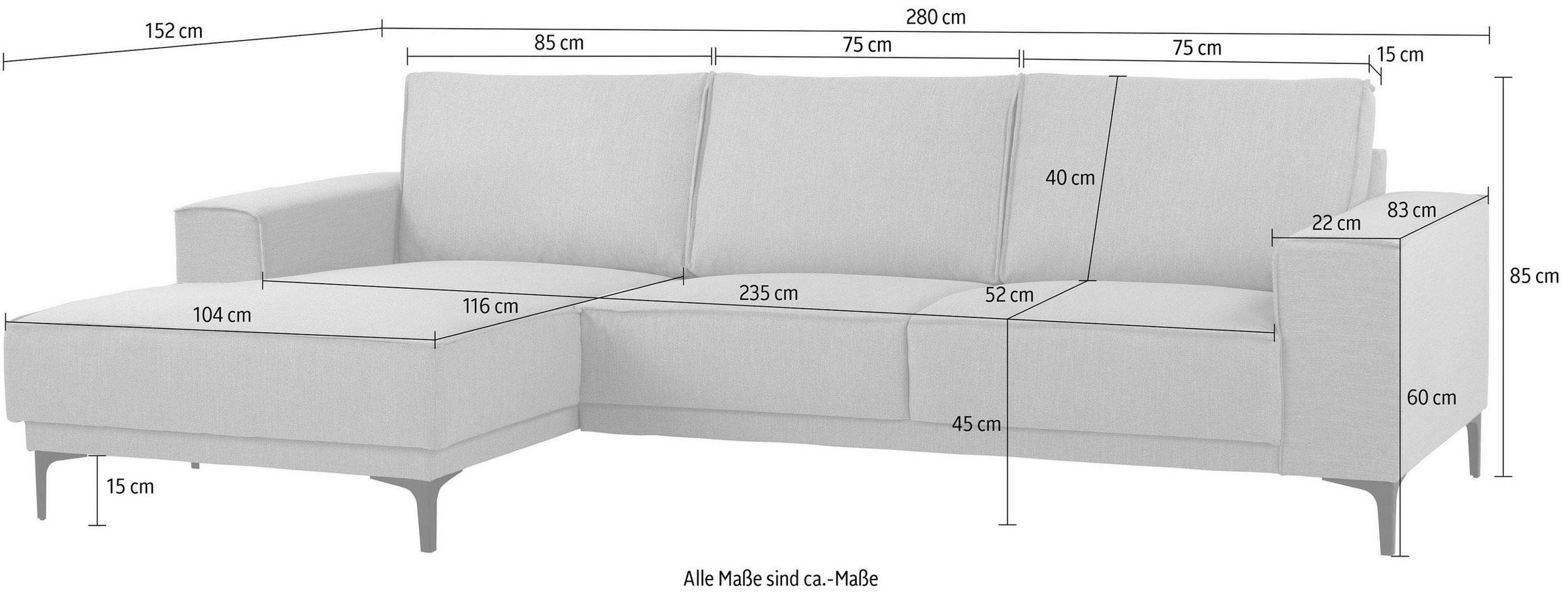 Places of Style Ecksofa »Polsterecke Oland, Struktur, Flachgewebe, Luxus-Microfaser, Boucle«, L-Form, 280 cm, Wellenunterfederung, Skandi-Design, Metallfüße