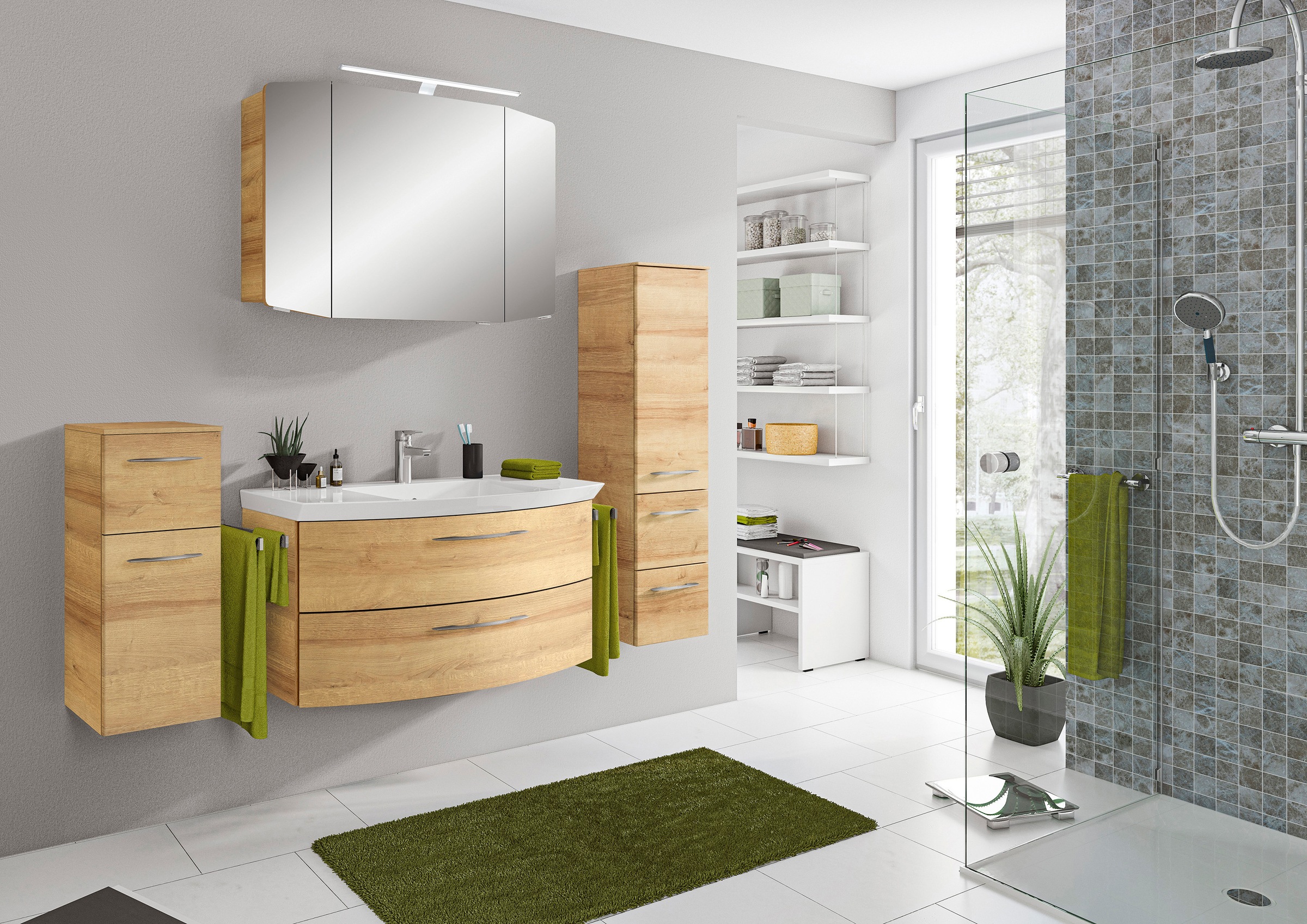 Saphir Badezimmer-Set »Cassca Sprint 4-teilig Mineralmarmor-Waschtisch mit LED-Spiegelschrank«, (5 St.), Midischrank, Unterschrank, inkl. Türdämpfer, 5 Türen, 5 Schubladen