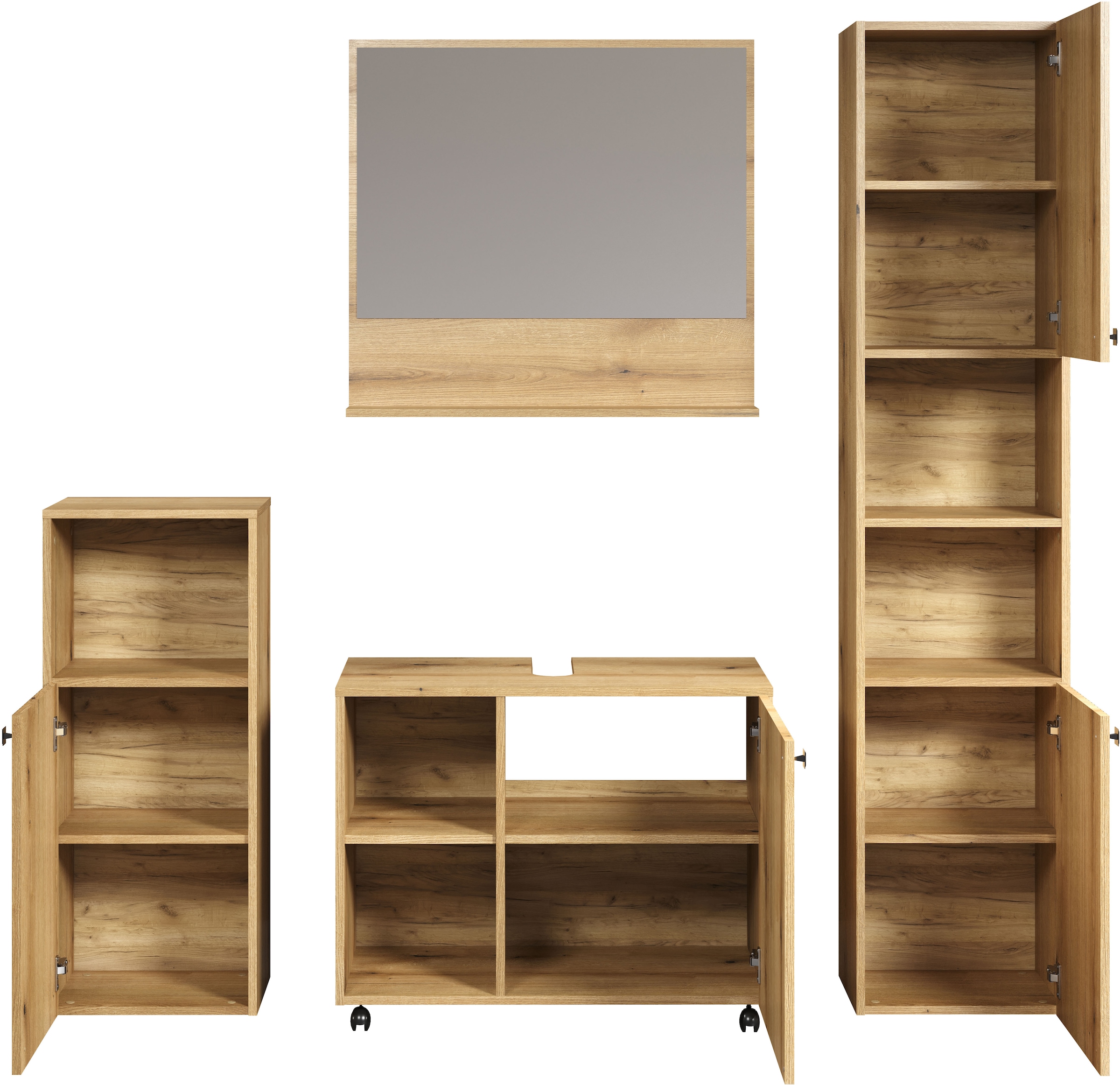 welltime Badmöbel-Set »Amrum Waschbeckenunterschrank Spiegel Hochschrank Badschrank«, (Komplett-Set, 4 St.), 4-teiliges Badmöbel-Set Eiche Rillenoptik - Maße (B/T/H) 180/42/186 cm