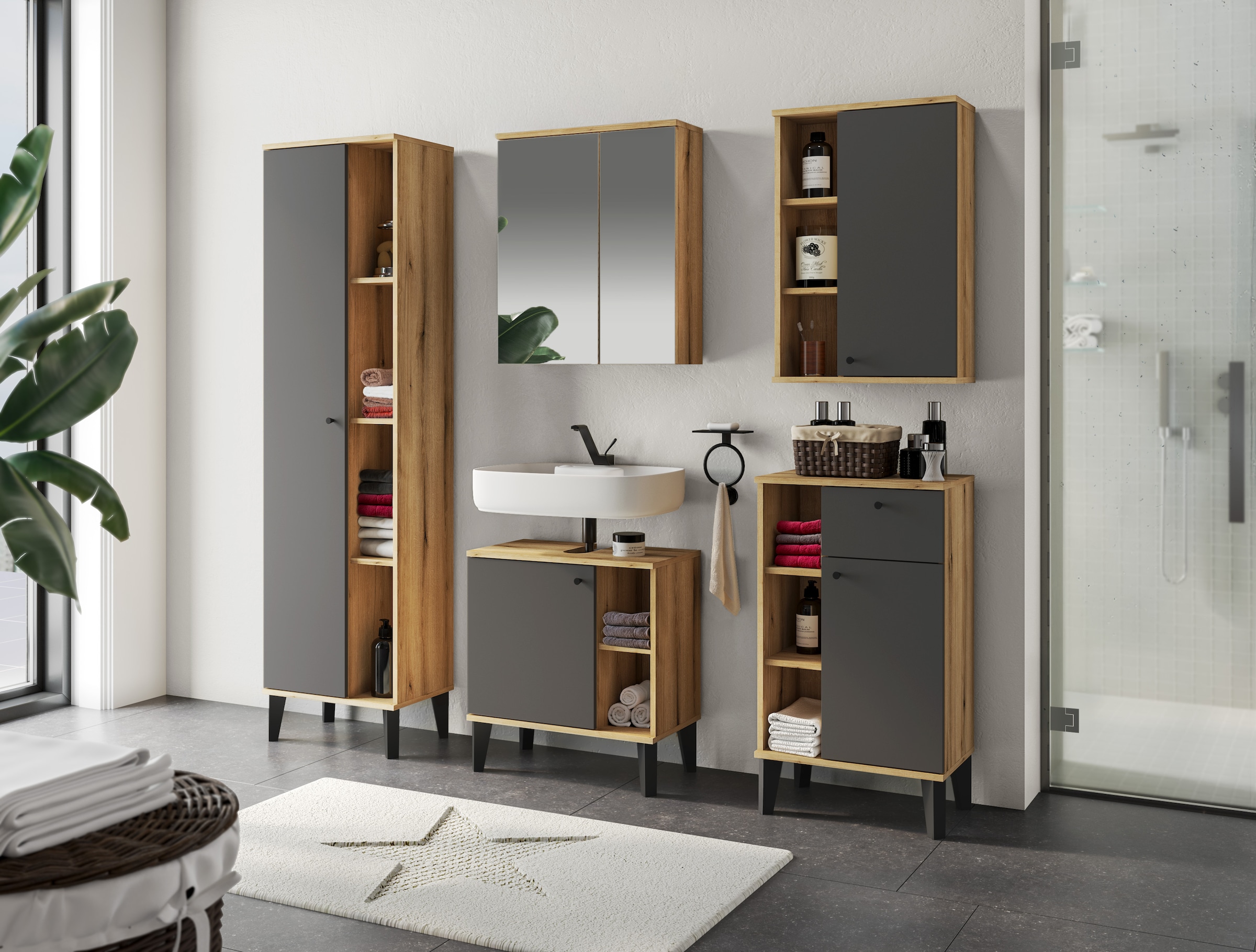 INOSIGN Badmöbel-Set »OSLO, Bad im skandinavischen Design, 5-teiliges Badezimmer«, (Set, 5 St.), Badschränke und Spiegel, in zwei Farben verfügbar, viel Stauraum