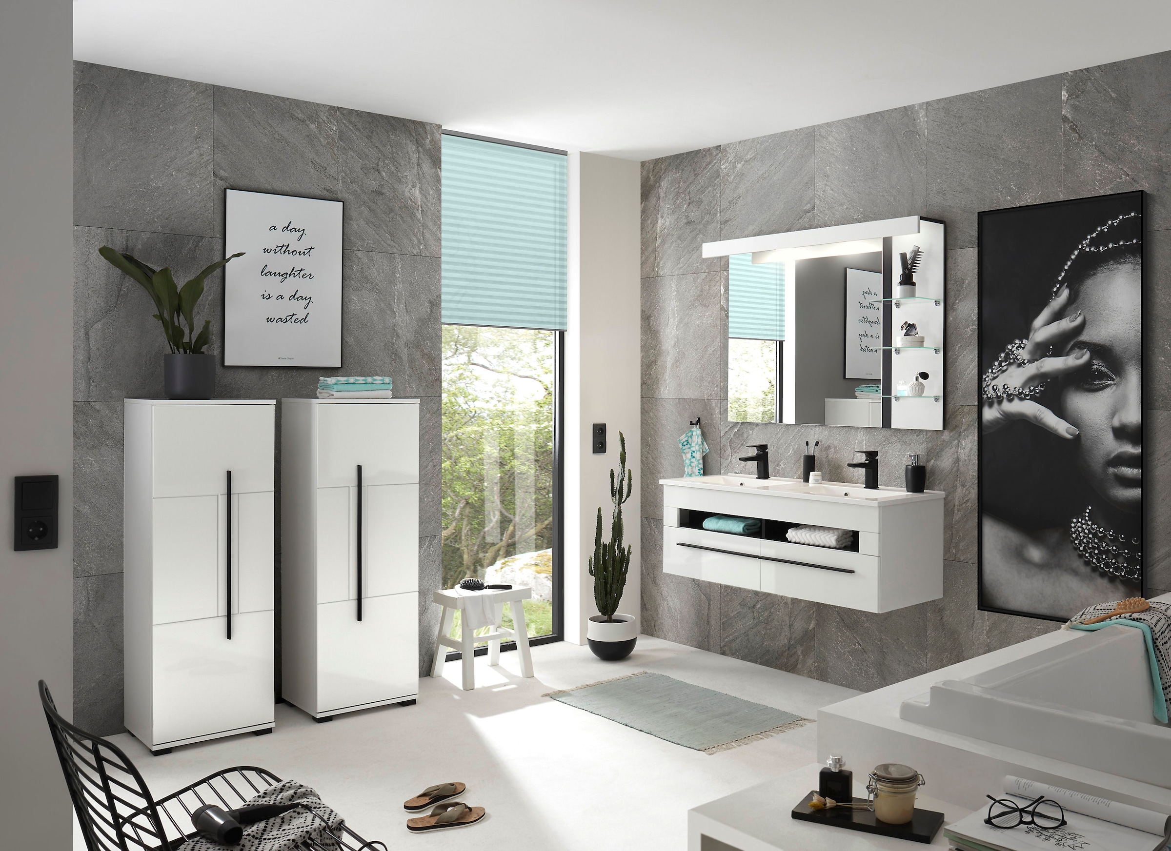 Home affaire Midischrank »Cantara, Badschrank in Hochglanz Weiß, Schrank im modernen Design« mit schwarzen Griffen, ausreichend Stauraum