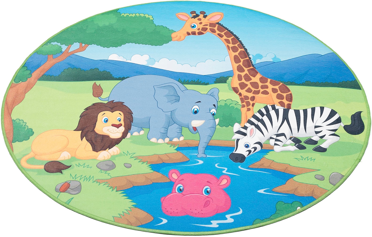 Kinderzimmer Carpet Böing bedruckt, Motiv »Wasserstelle«, Kinderteppich Zootiere, waschbar, rund,