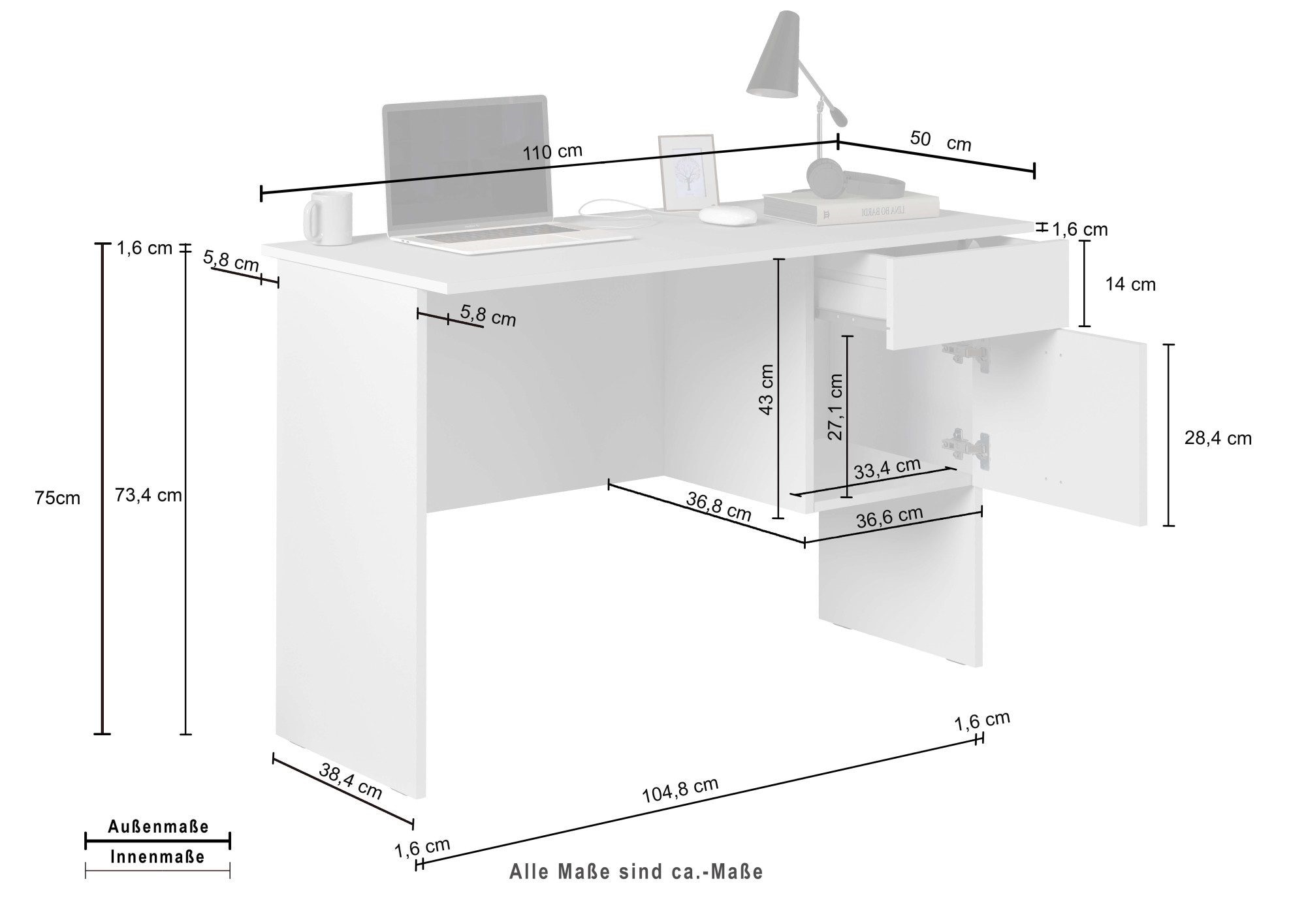 INOSIGN Schreibtisch »Sunrise, kleiner Computertisch, Bürotisch«, mit 1 Tür & 1 Schublade, Tischplatte Breite 110 cm, Made in Italy