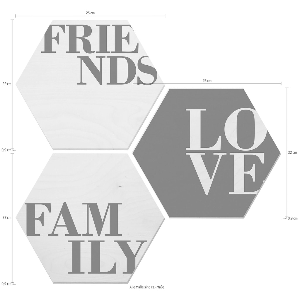 Wall-Art Metallbild »Love, Friends, Family«, Schriftzug, (Set)
