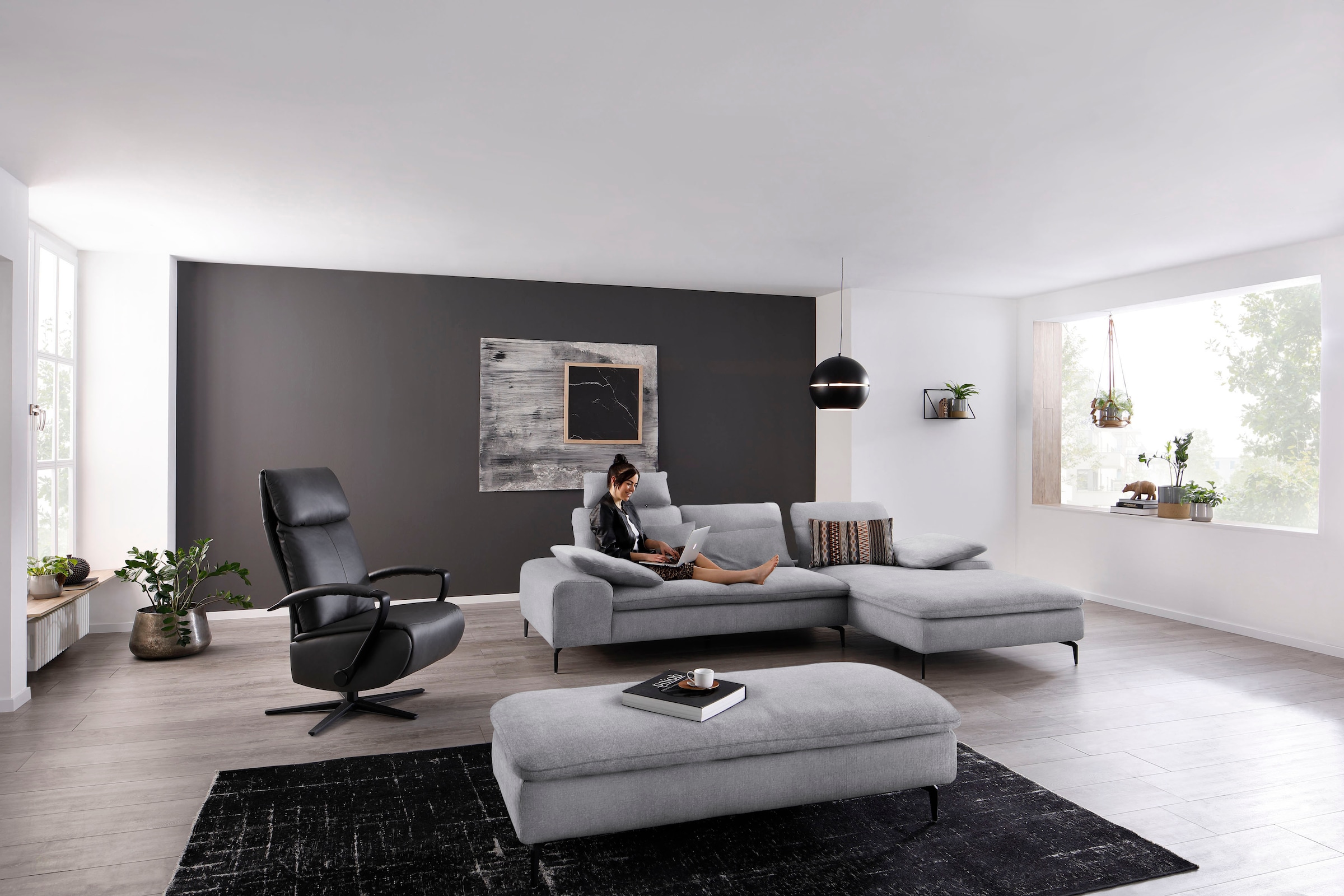 W.SCHILLIG Ecksofa »valentinoo, Designsofa, bequem, elegant und zeitlos, L-Form«, (Set), inklusive Hocker, mit Sitztiefenverstellung, Breite 299 cm