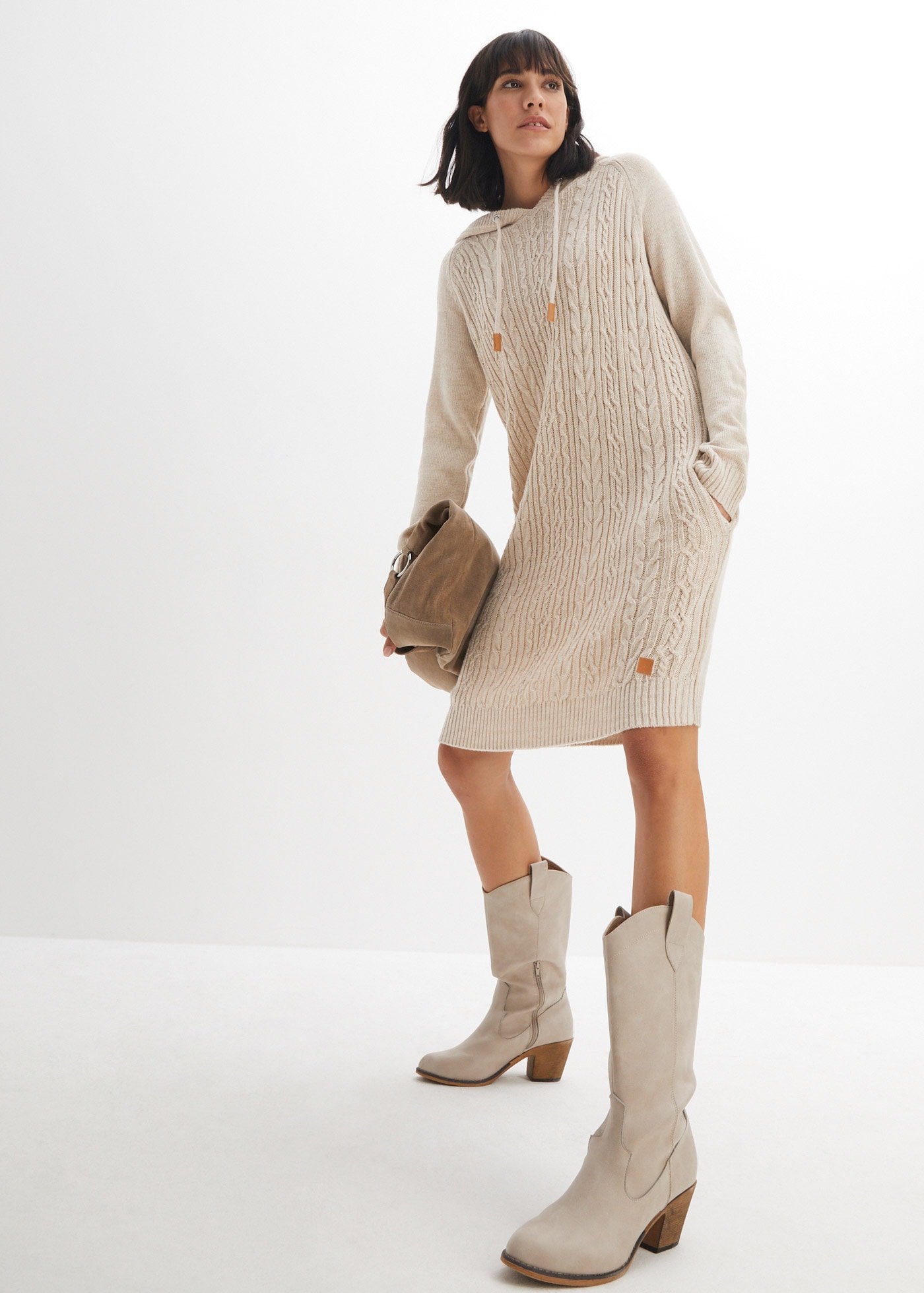 bonprix Strickkleid »Kapuzen-Strickkleid mit Zopfmuster« mit Kapuze, aus Polyacryl, lässig geschnitten, mit Eingrifftaschen