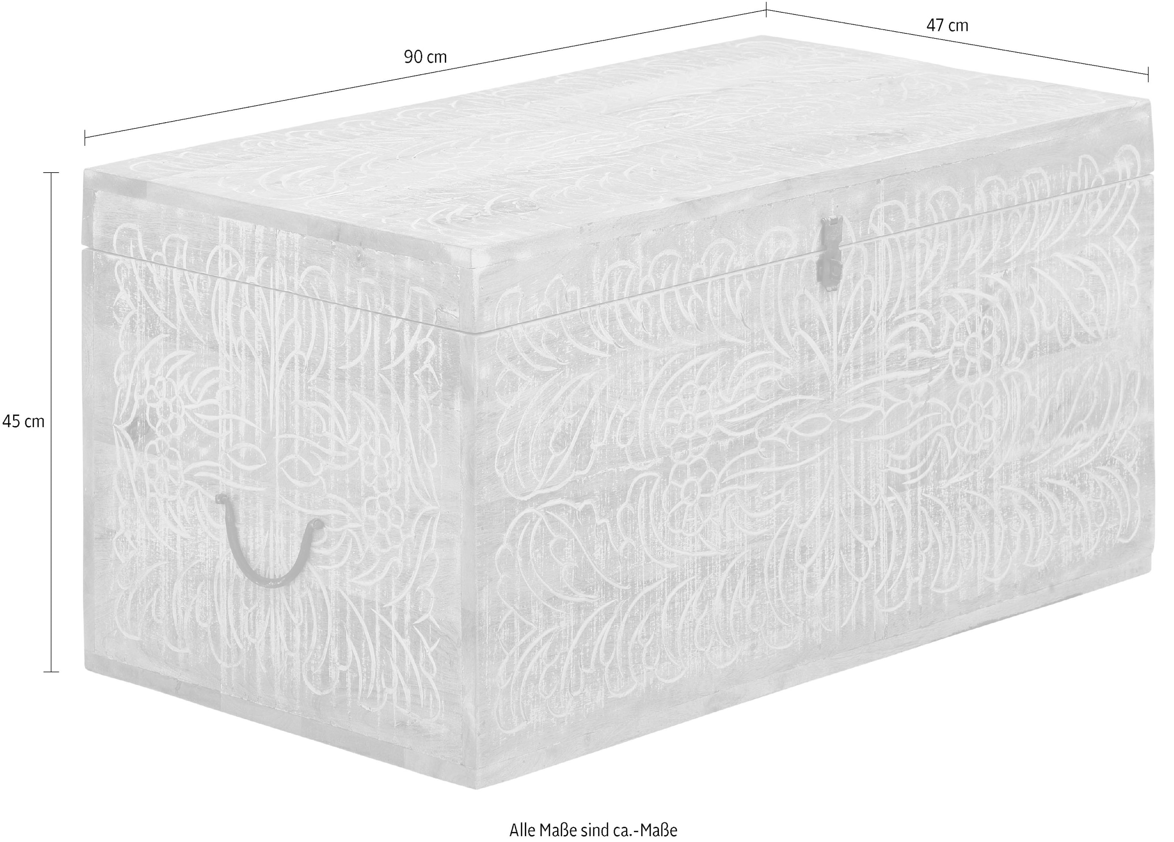 massiven, Handgefertigt, Raten Schnitzereien, Home affaire Mangoholz, Breite aus pflegeleichten cm »Lavin«, Truhentisch dekorativen kaufen 90 mit auf