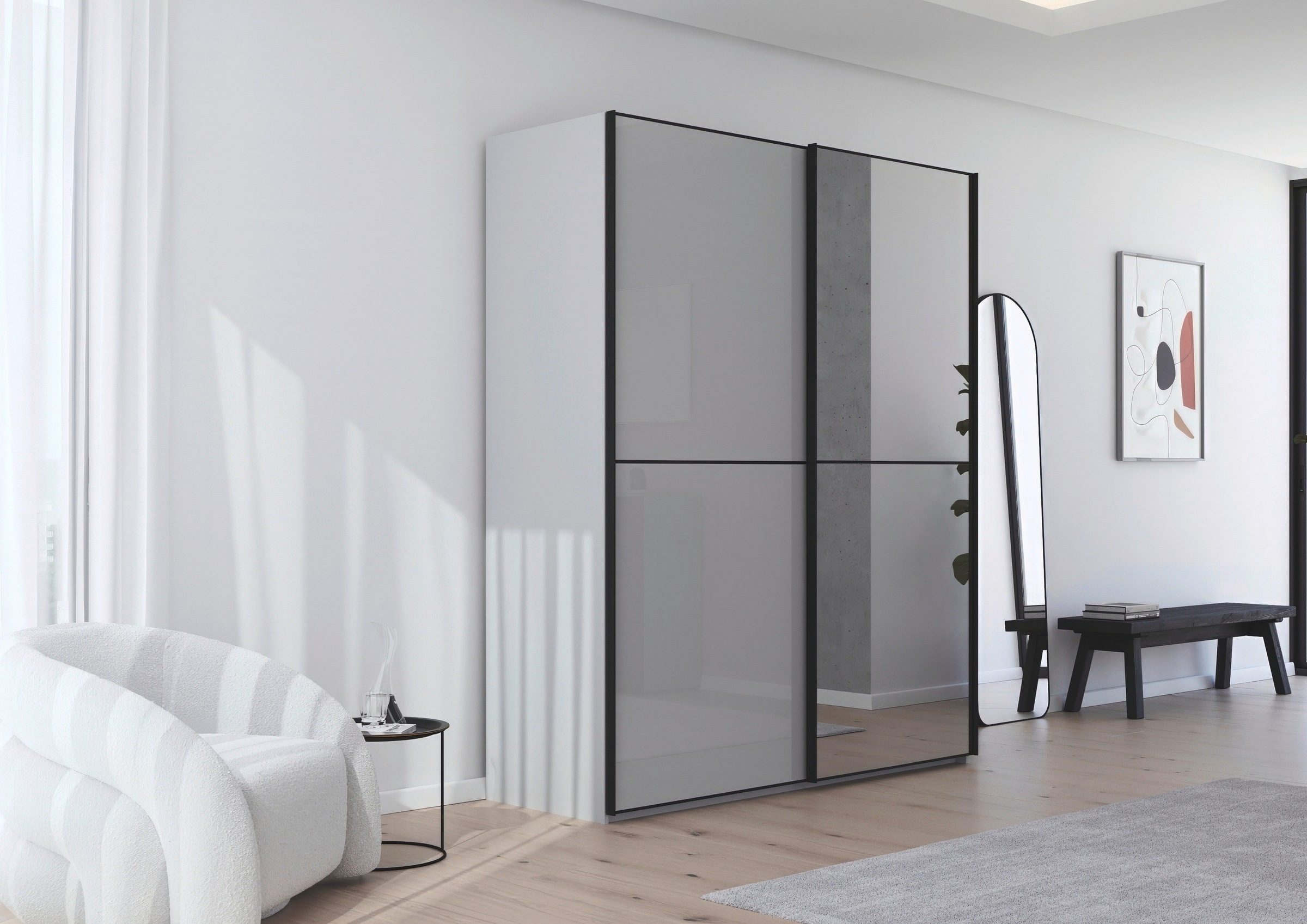 rauch Schwebetürenschrank »Kleiderschrank Schrank Garderobe Schlafzimmerschrank SCALE-DUO« edle zweigeteilte Türen Spiegel/Glas-Mix 3 Zierleisten MADE IN GERMANY