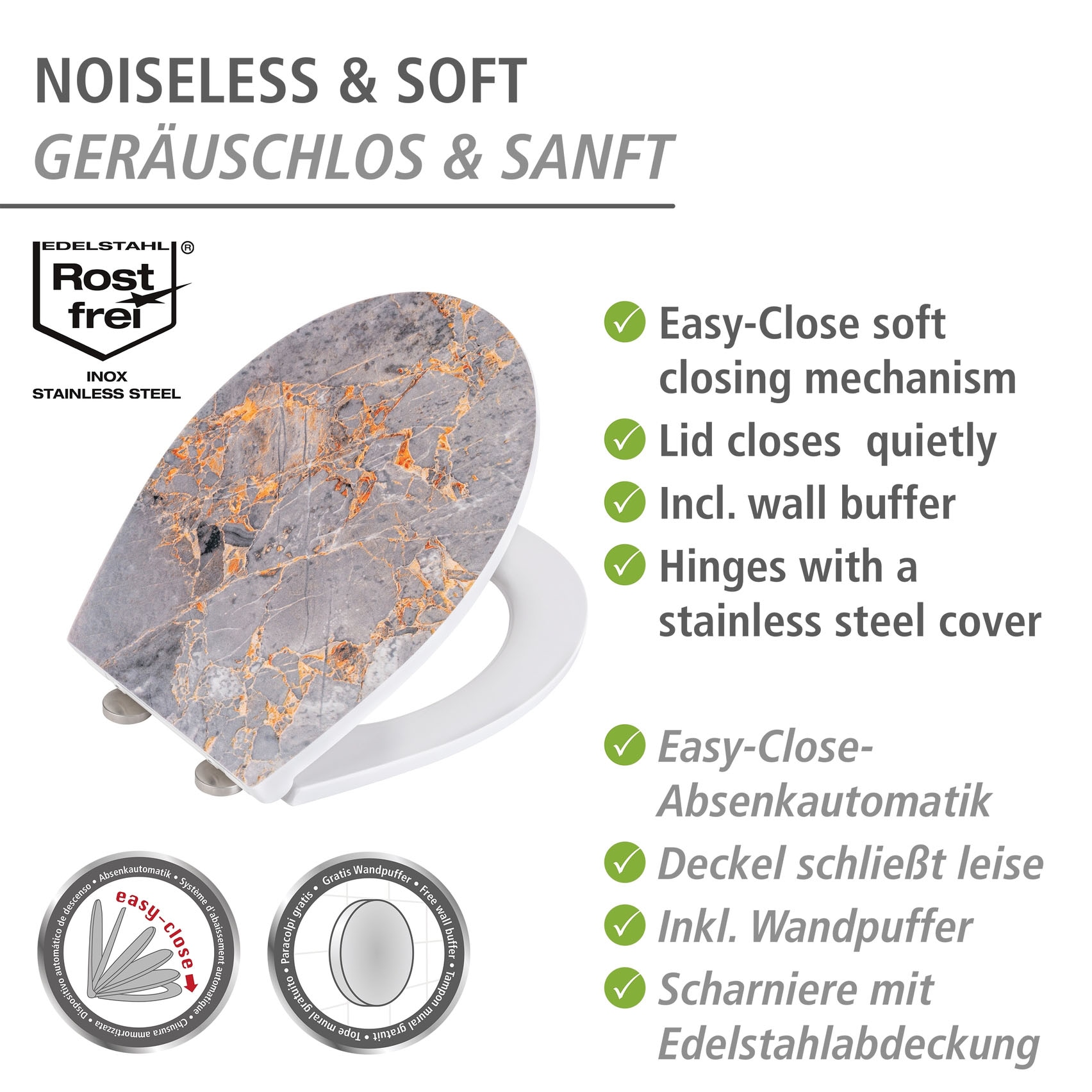WENKO WC-Sitz »Grey Marble« mit Relief, aus antibakteriellem Duroplast